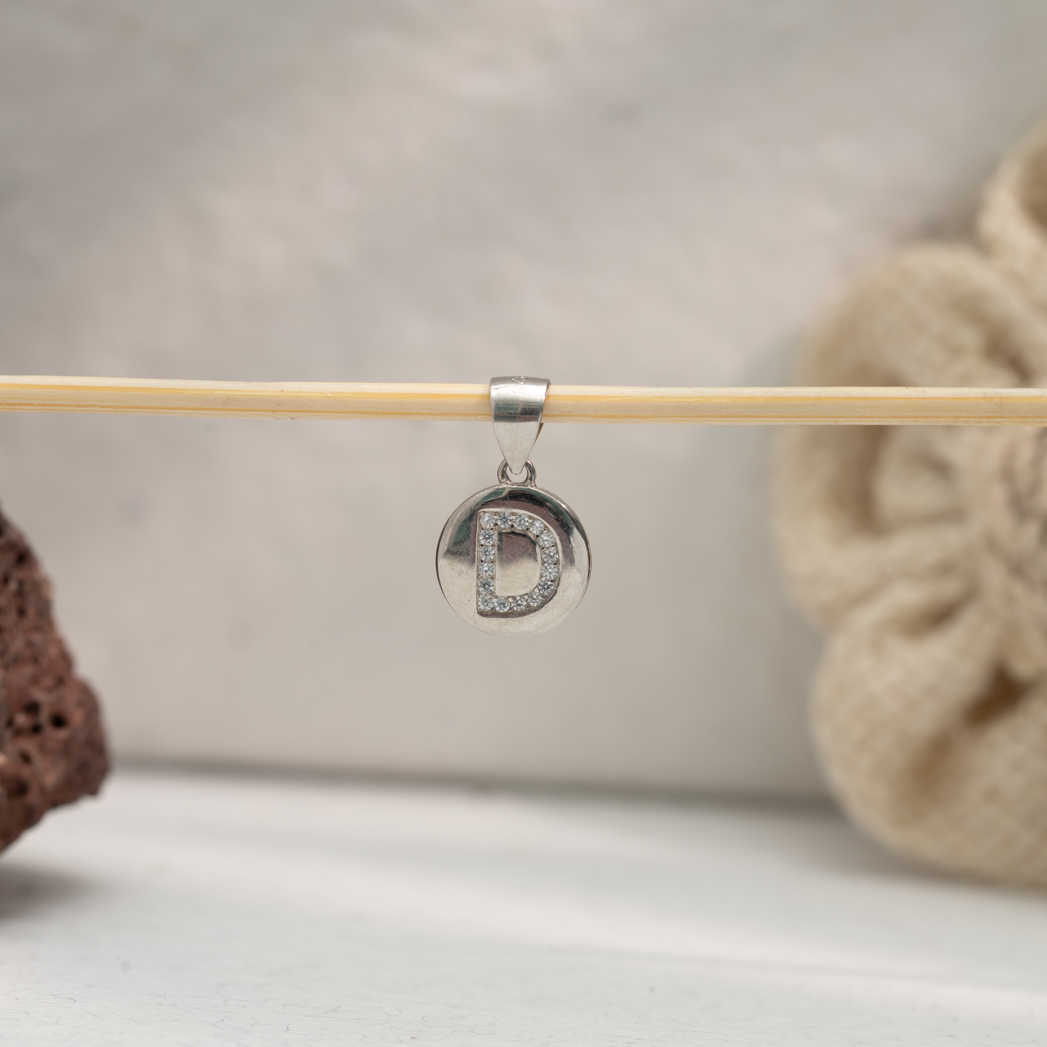 Alphabet D silver pendant with stones