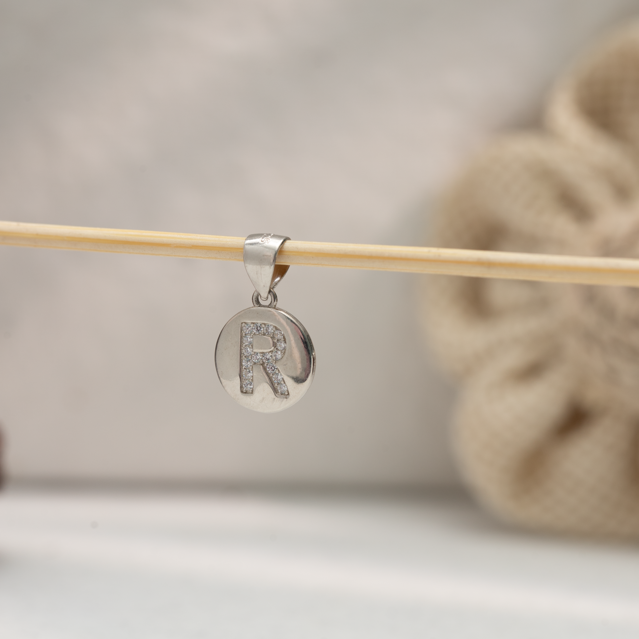 Alphabet R silver pendant with stones