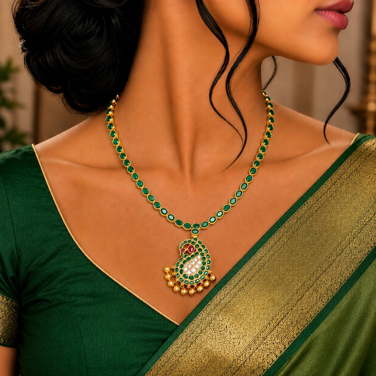 Antique Emerald Leaf Necklace in Gold Plated Silver Ishna