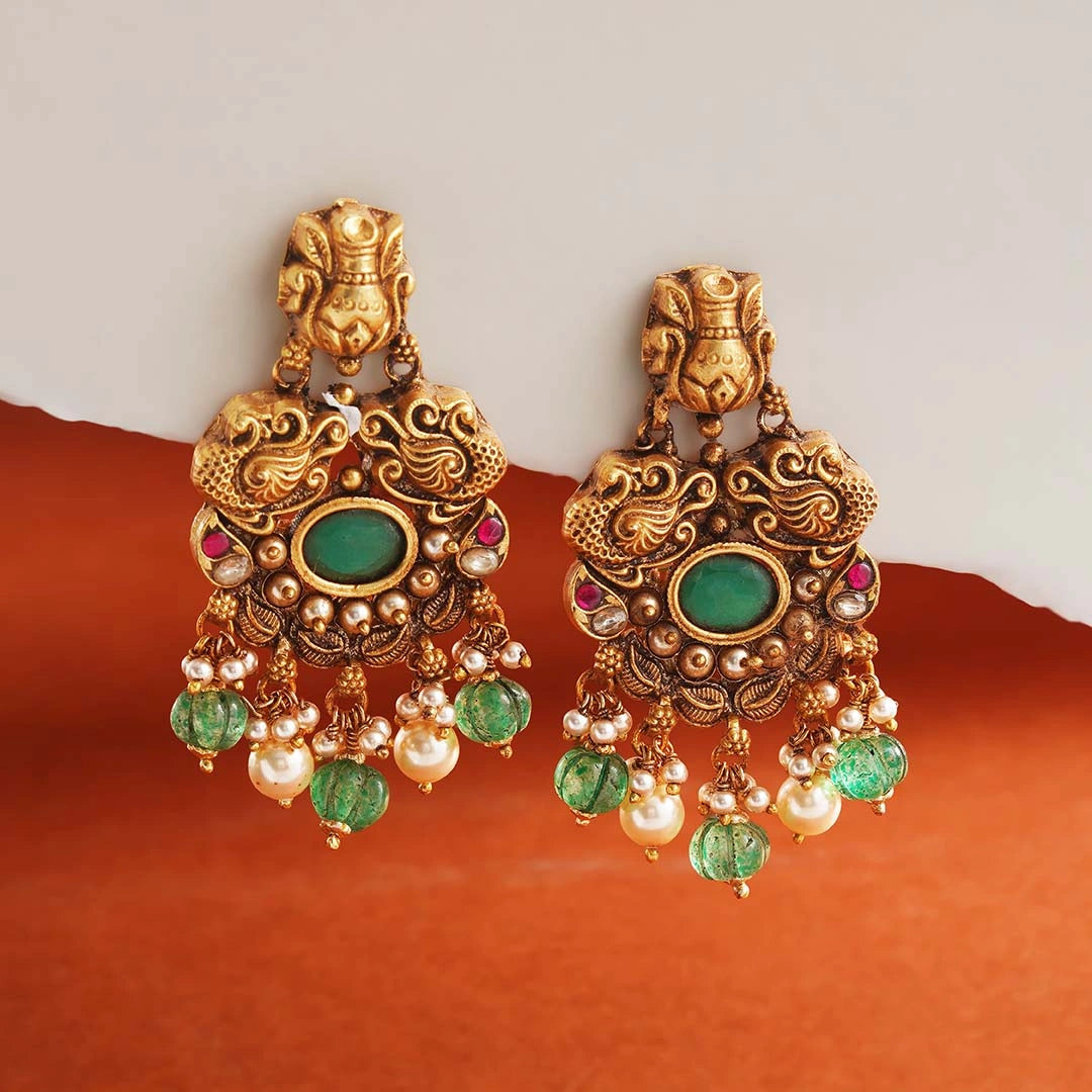 Antique Emerald Temple Designed Earrings Ishna
