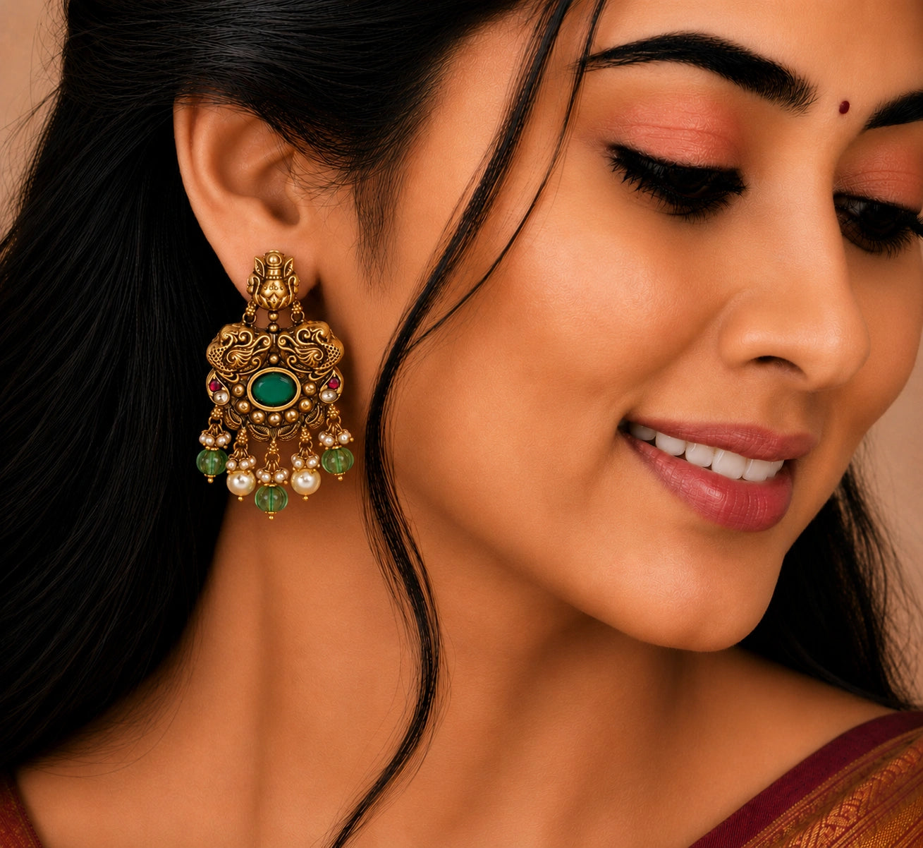 Antique Emerald Temple Earrings in Gold Plated Silver Ishna
