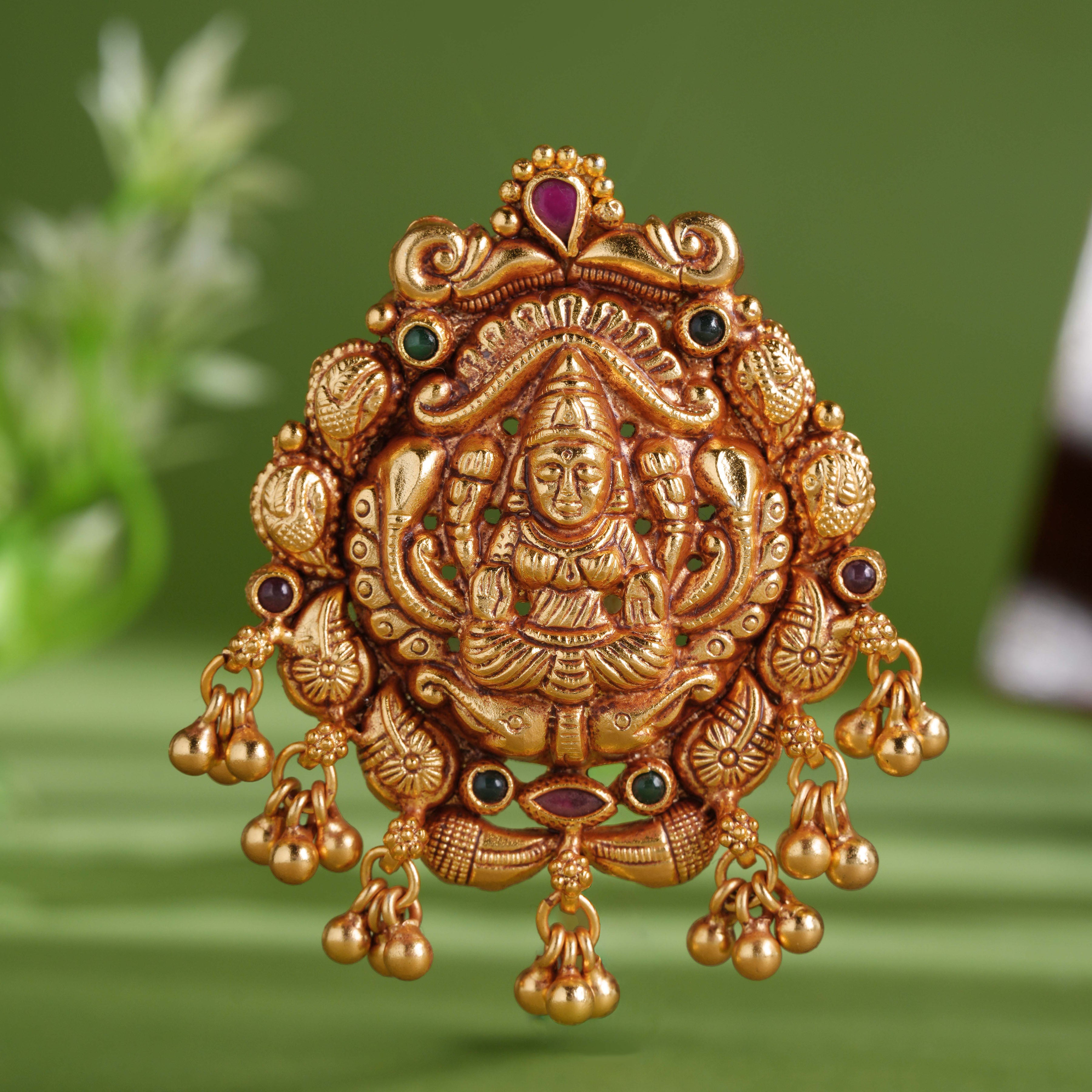 Antique Finish Goddess Lakshmi with  Pearls Gold Plated Silver Pendant Ishna 