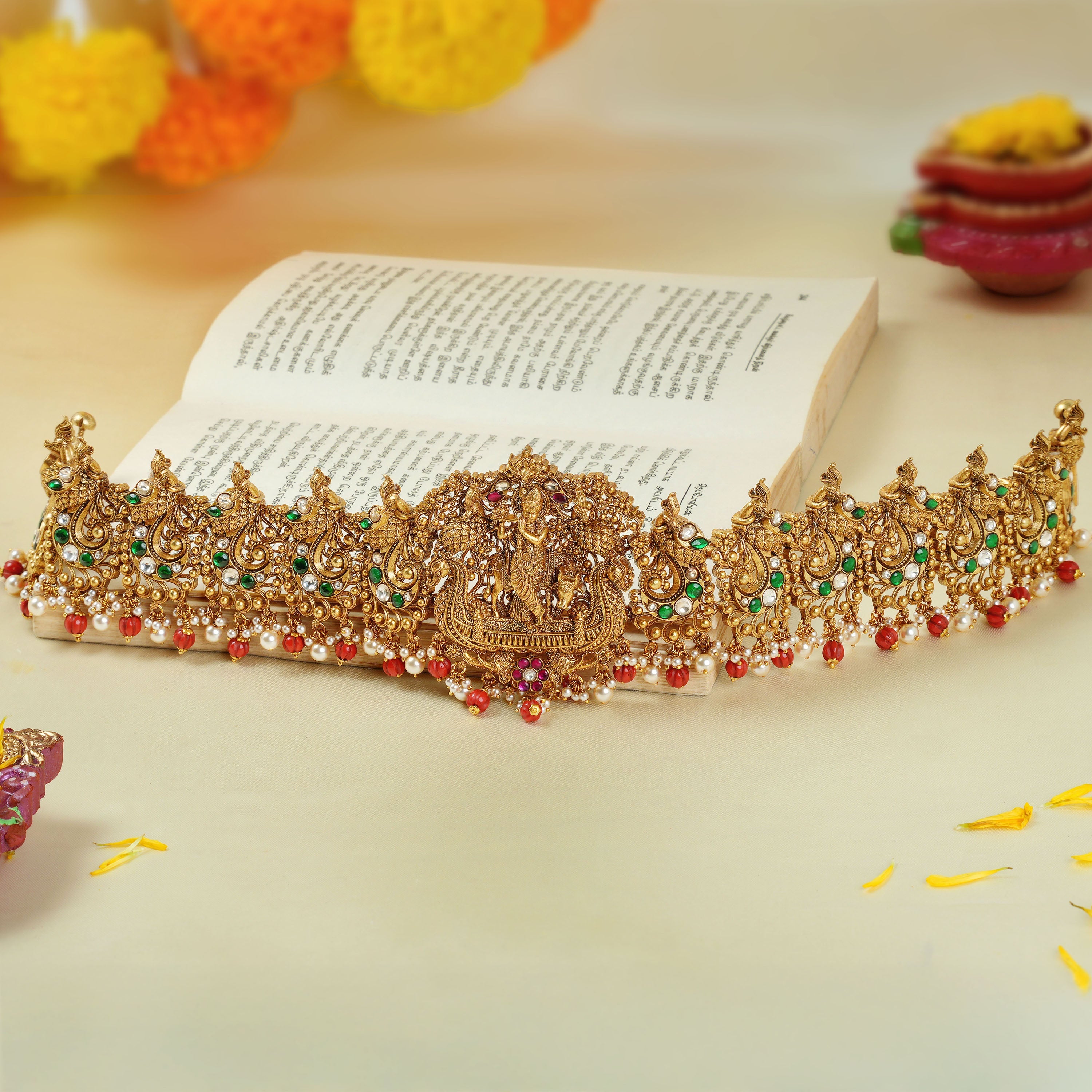 Antique Gold-Plated Temple Ottiyanam with Goddess Lakshmi Ishna