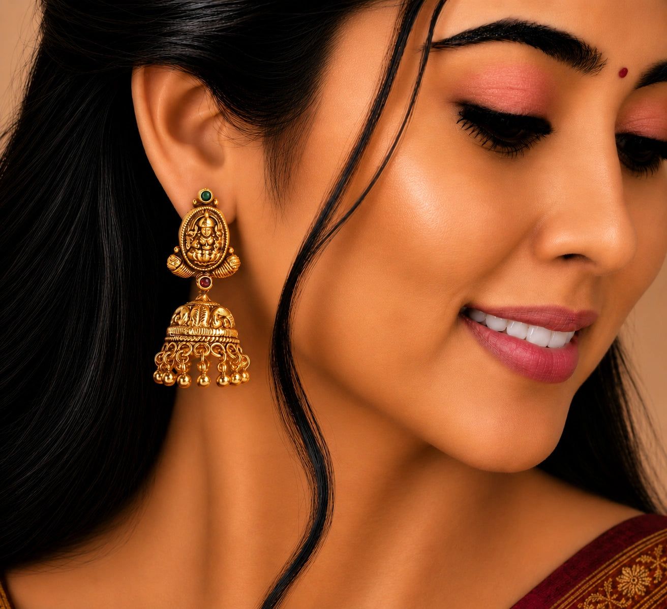 Antique Lakshmi Jhumka Earrings in Gold Plated Silver Ishna
