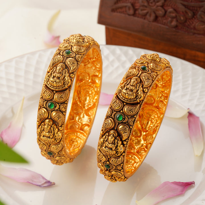 Antique Lakshmi Mango Design Gold Bangles with Emerald Stones