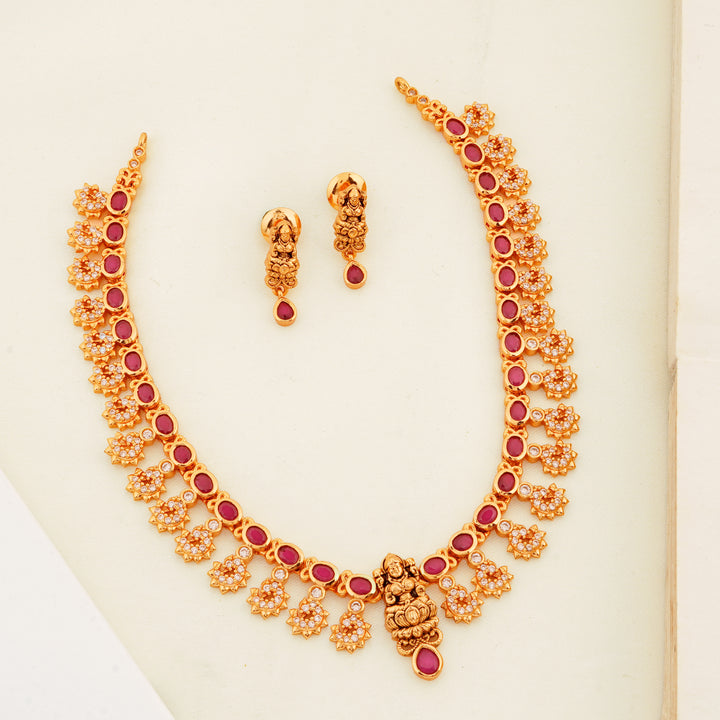 Antique Lakshmi temple jewellery gold plated necklace with ruby stones