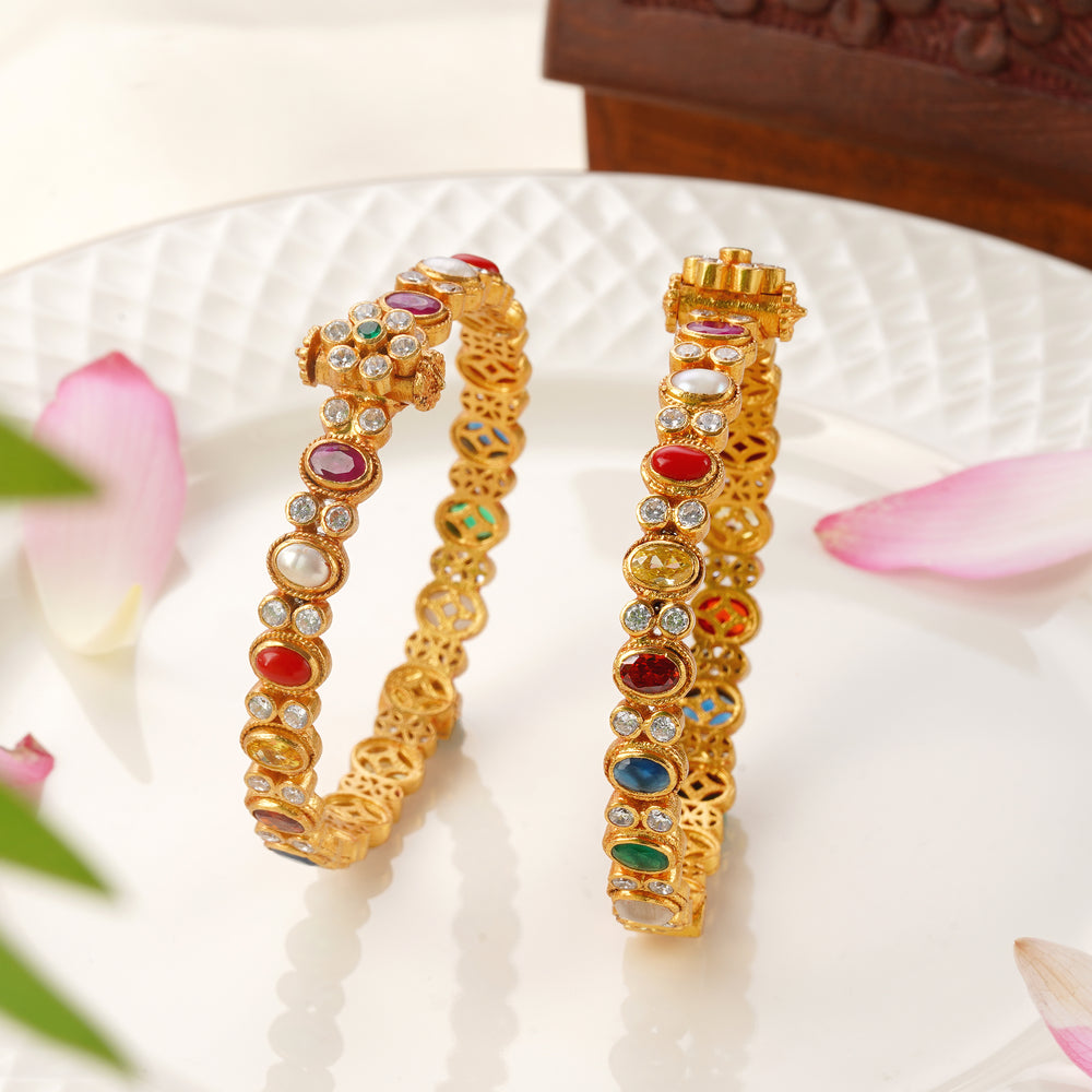 Antique Navaratna bangles with 9 auspicious stones for women