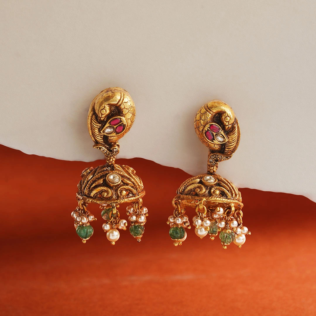 Antique Peacock Pearl Jhumka Earrings Ishna