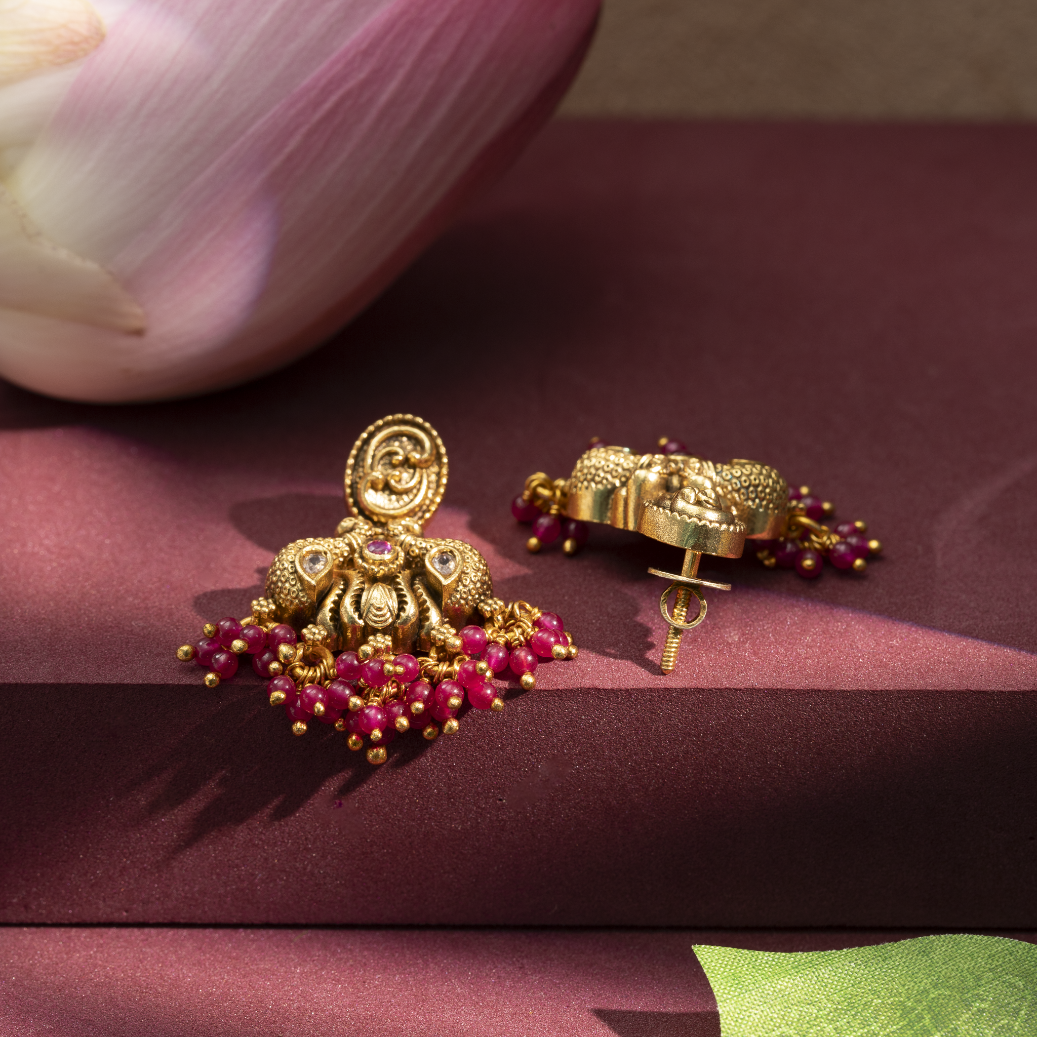 Antique finish ruby bead jhumkas