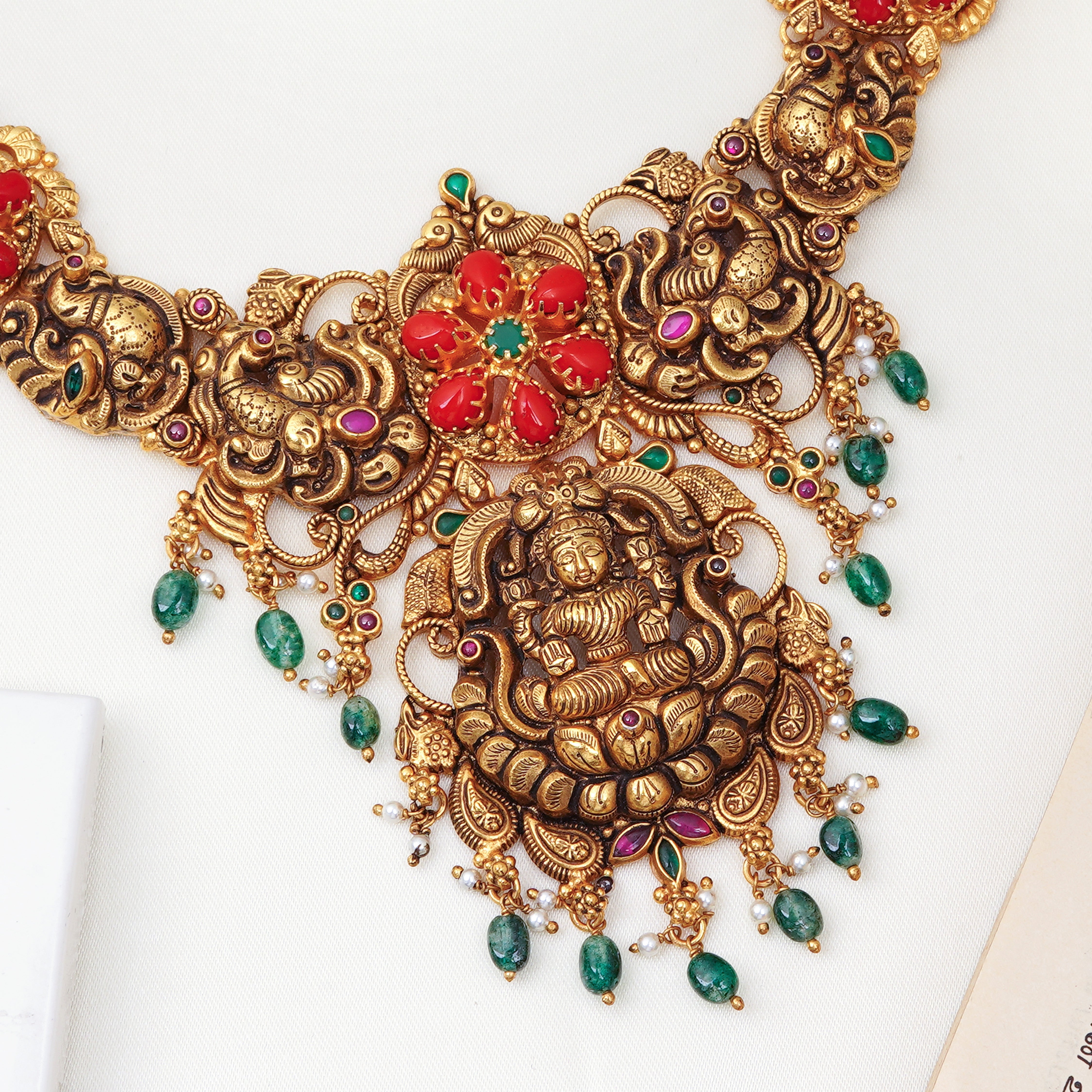 Antique gold Lakshmi temple necklace with floral coral design