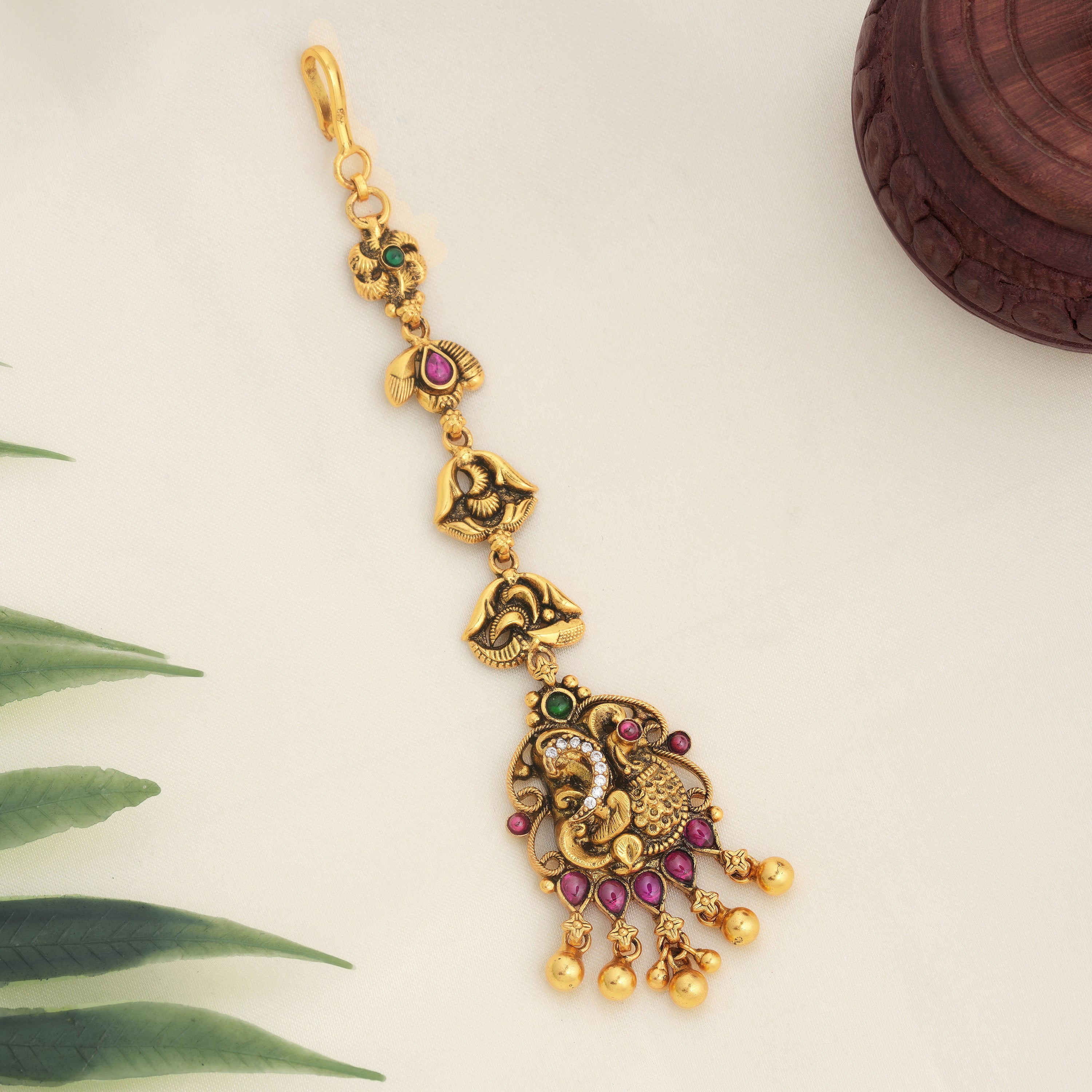 Antique gold peacock temple maang tikka