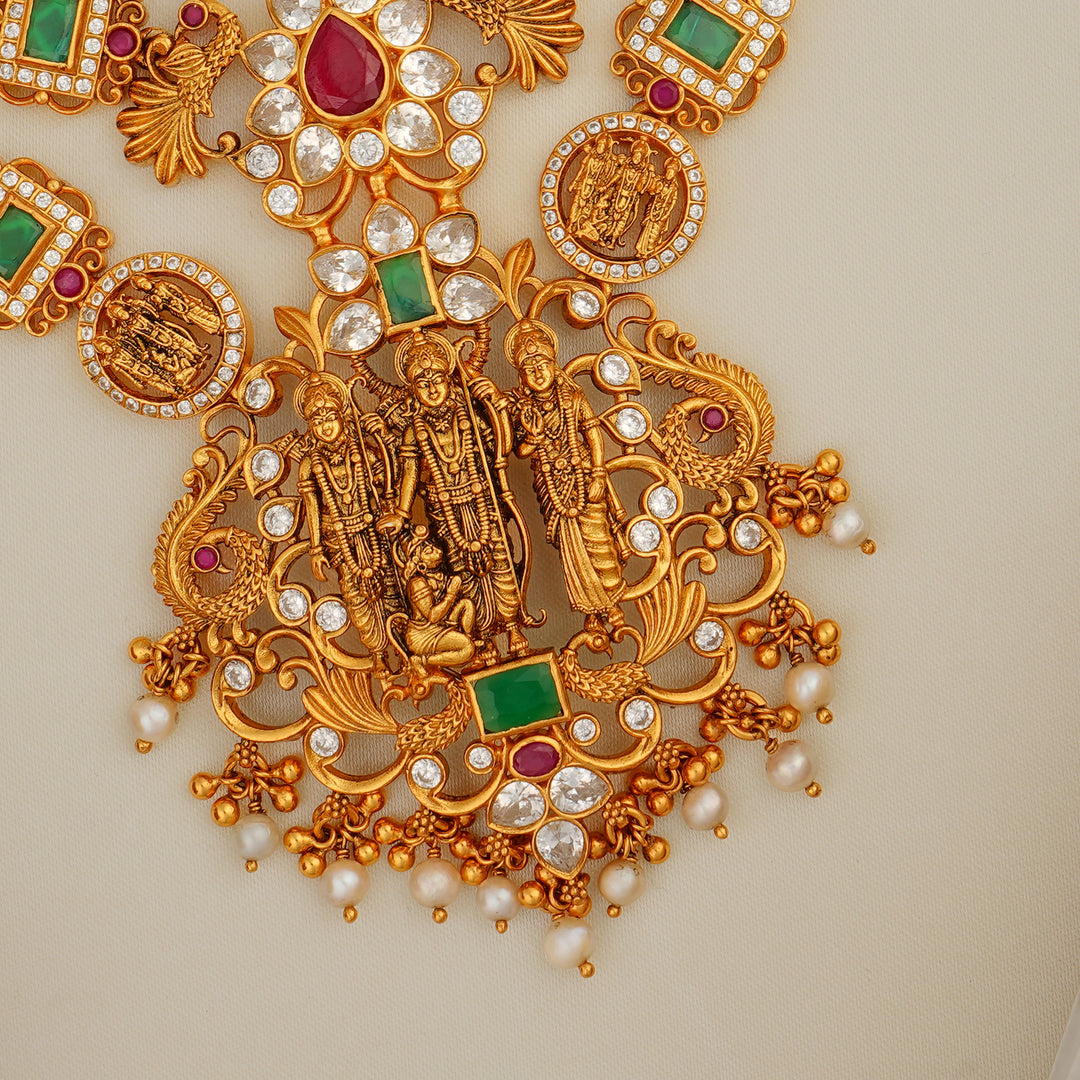 Antique gold plated Lakshmi coin haram with green  emerald square blocks