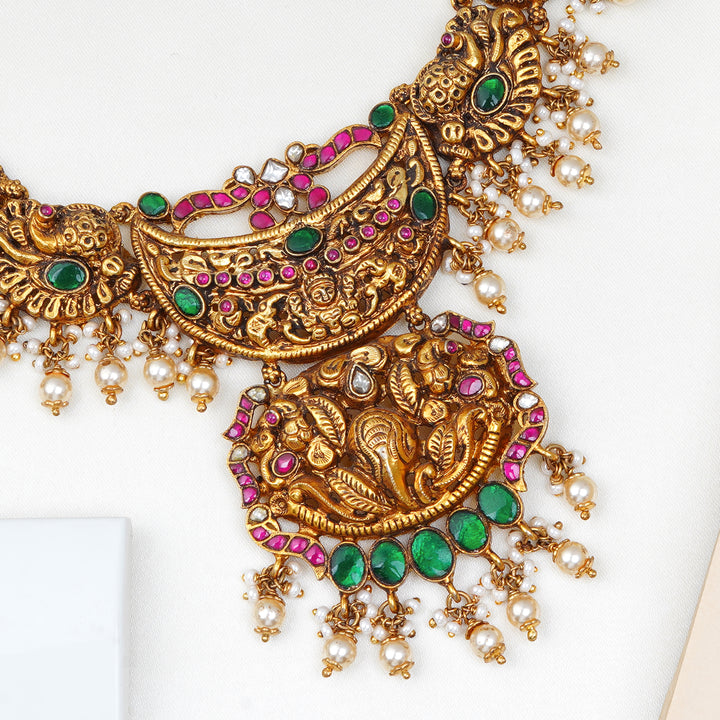 Antique gold plated silver necklace with Lakshmi pendant