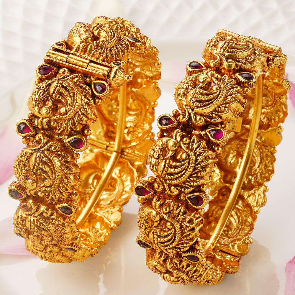 Antique peacock design gold bangles with ruby stones for women