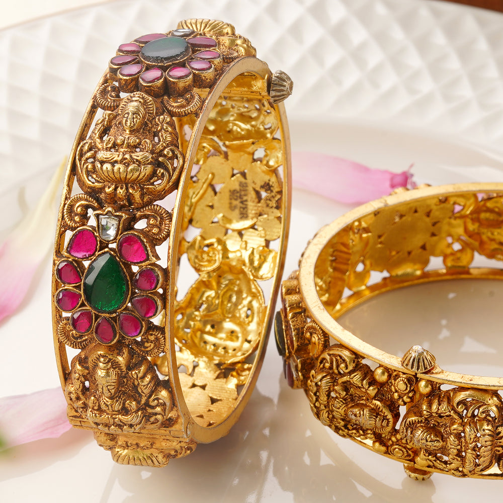 Antique temple jewellery bangles with Lakshmi design and floral stones