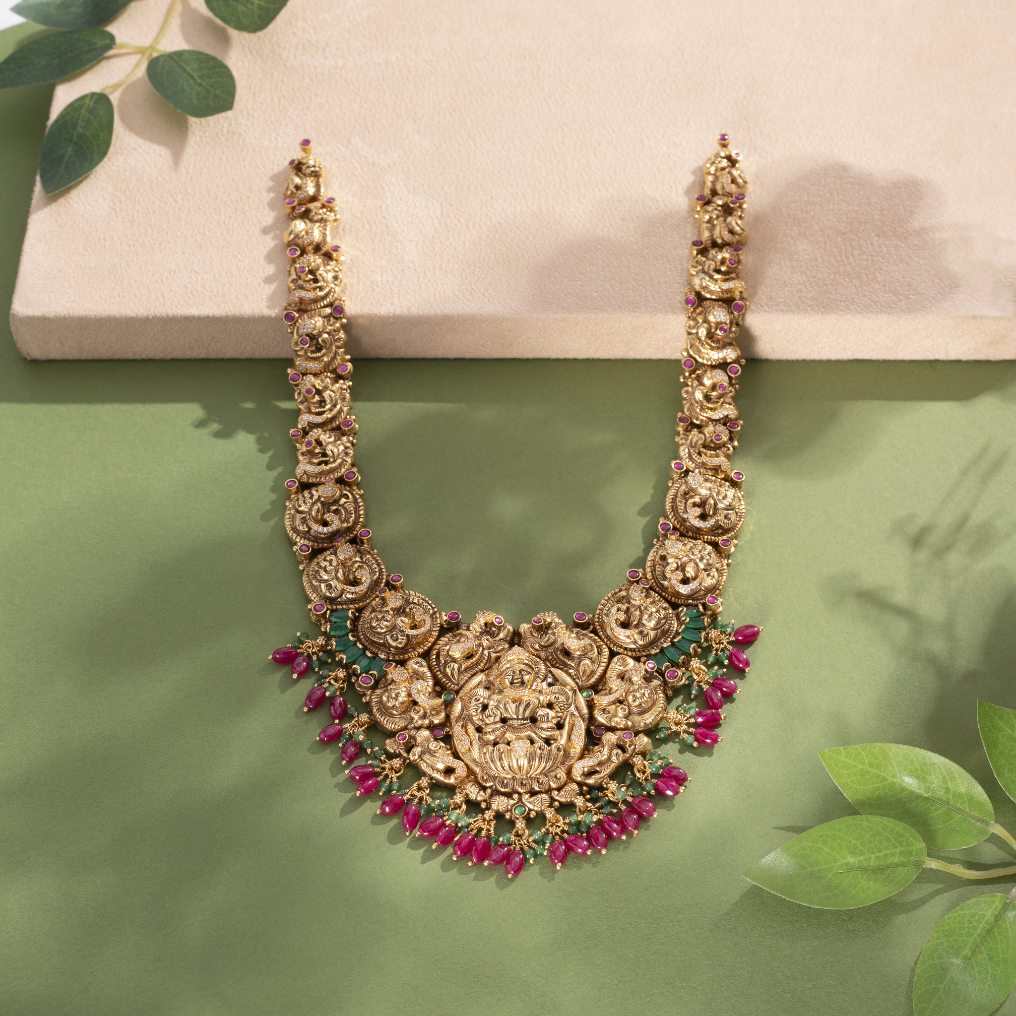 Antique temple necklace with ruby bead drops