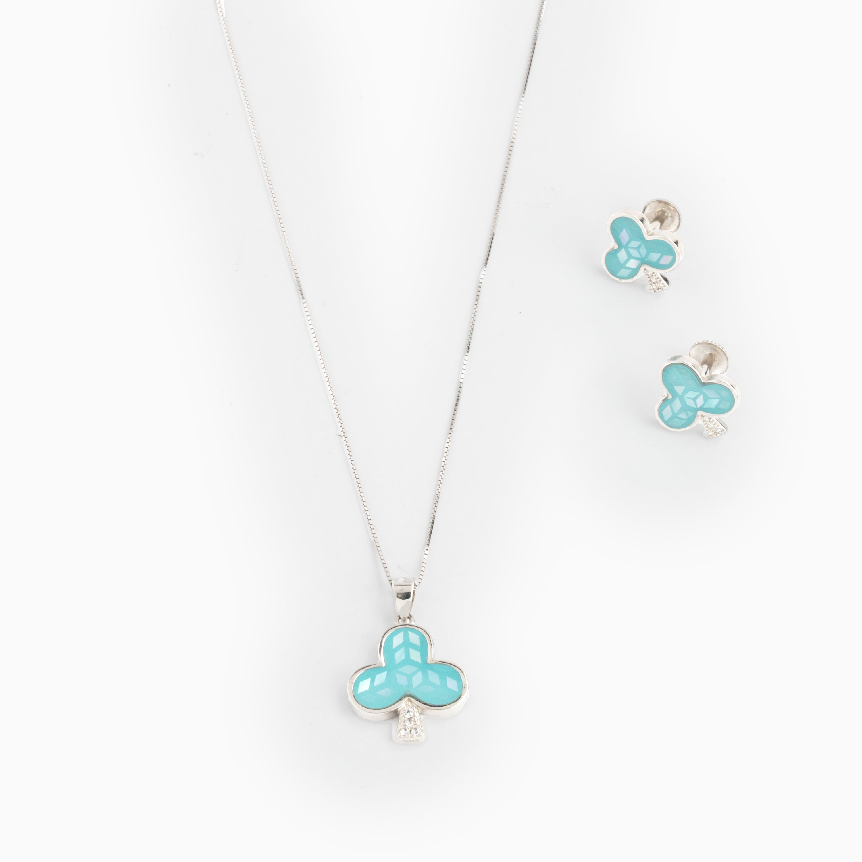Aqua blue clover pendant with matching stud Ishna