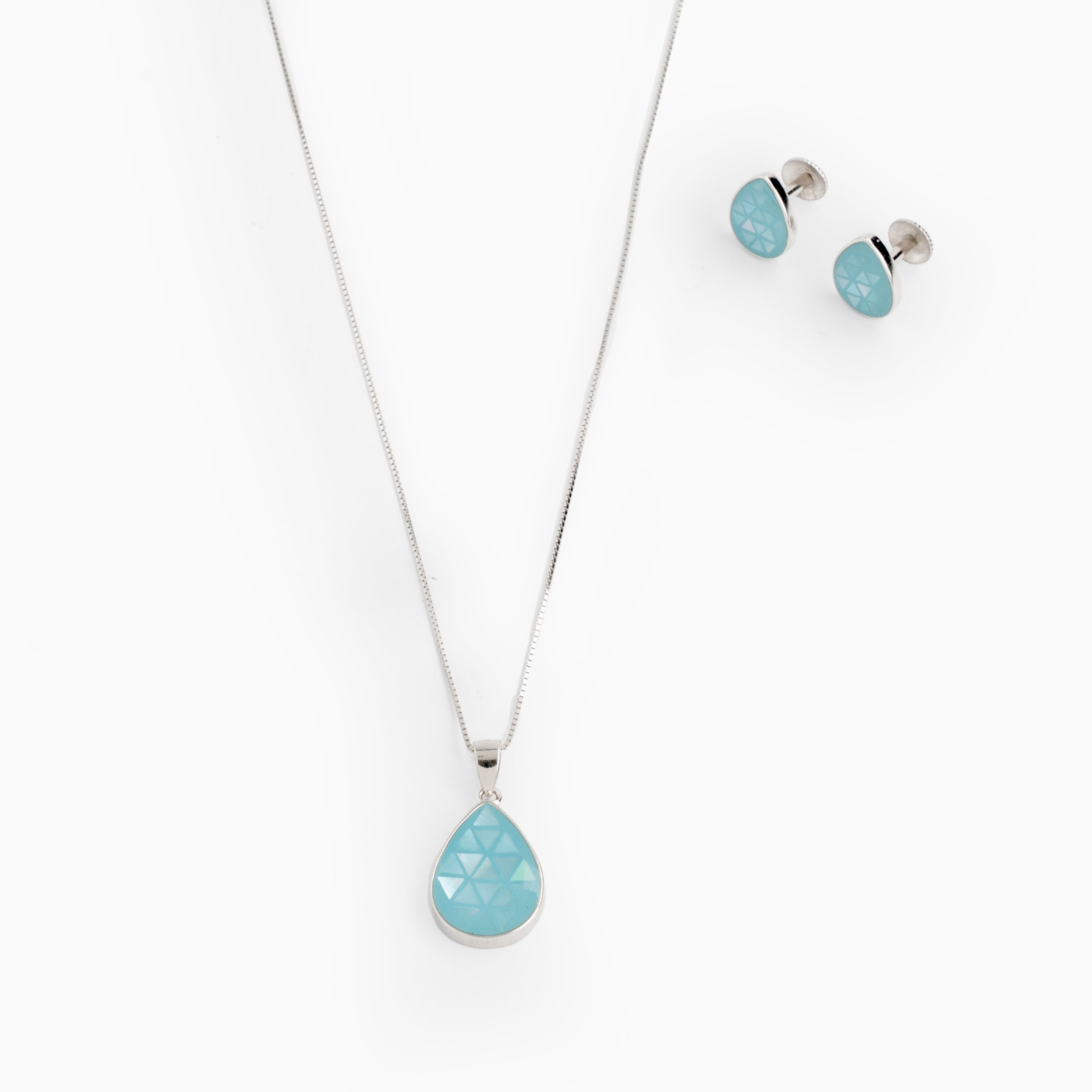 Aqua blue teardrop pendant with matching earrings Ishna