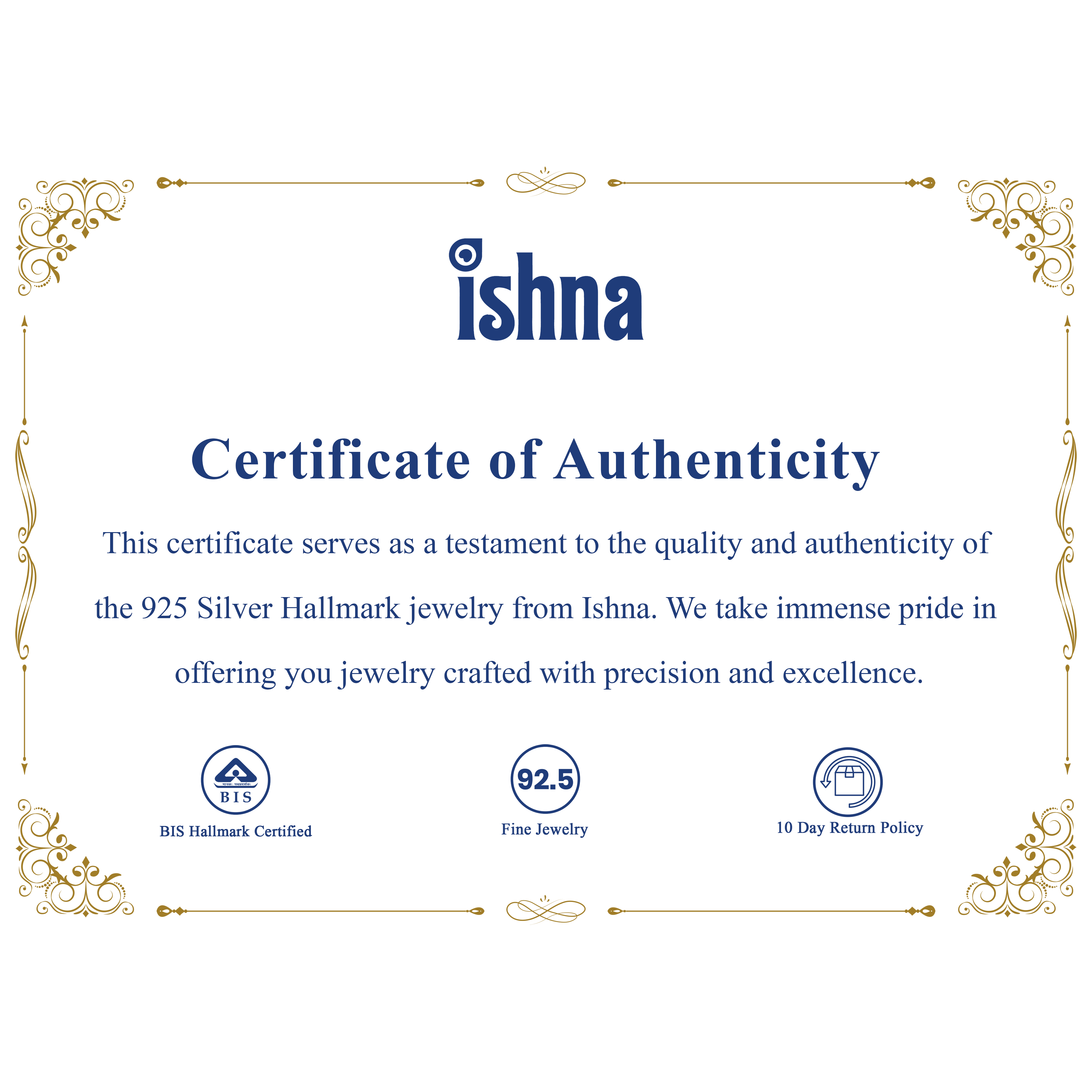 Authentcity certificate for Serling Silver Ishna