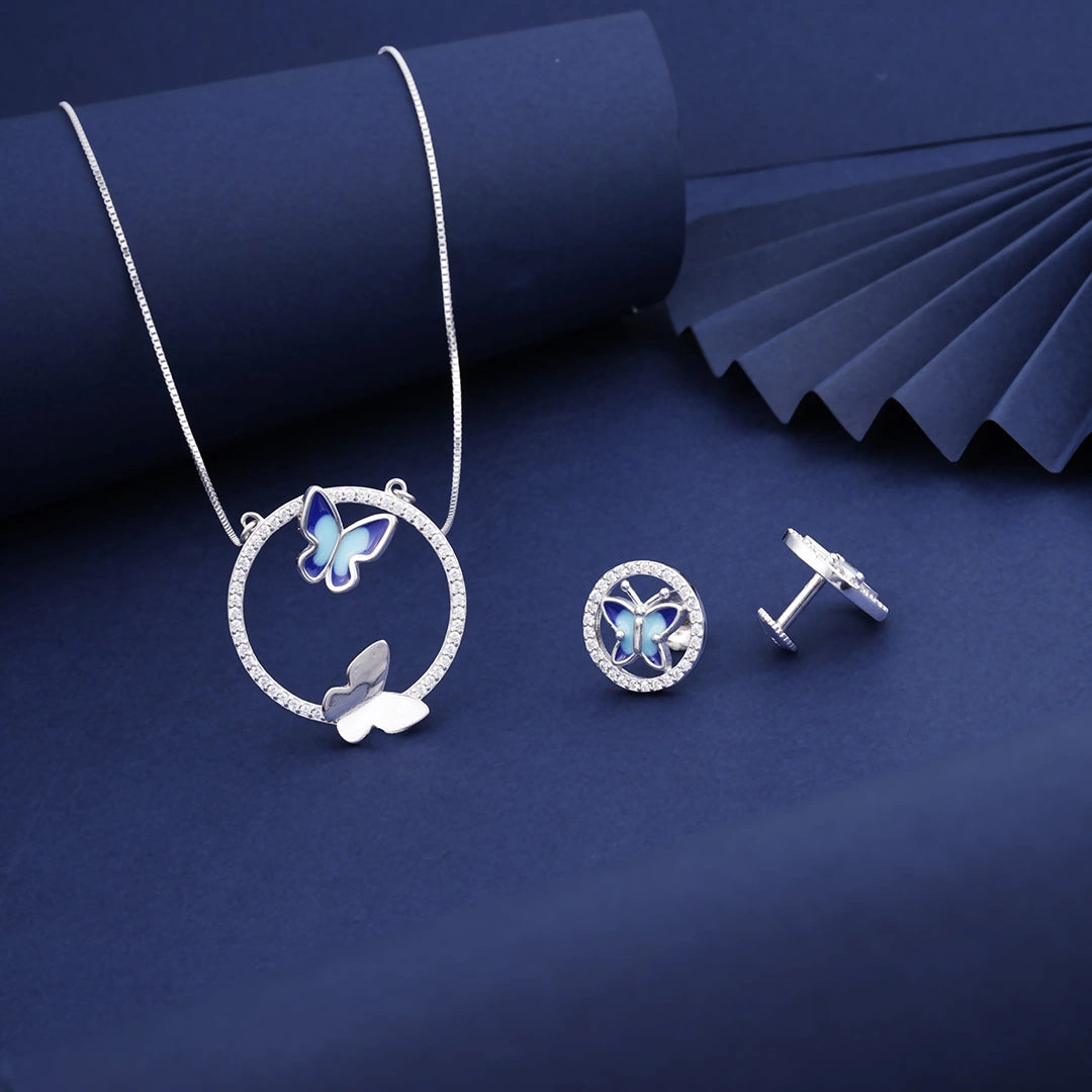 Azure Butterfly Pendant Chain Set in Sterling Silver Ishna