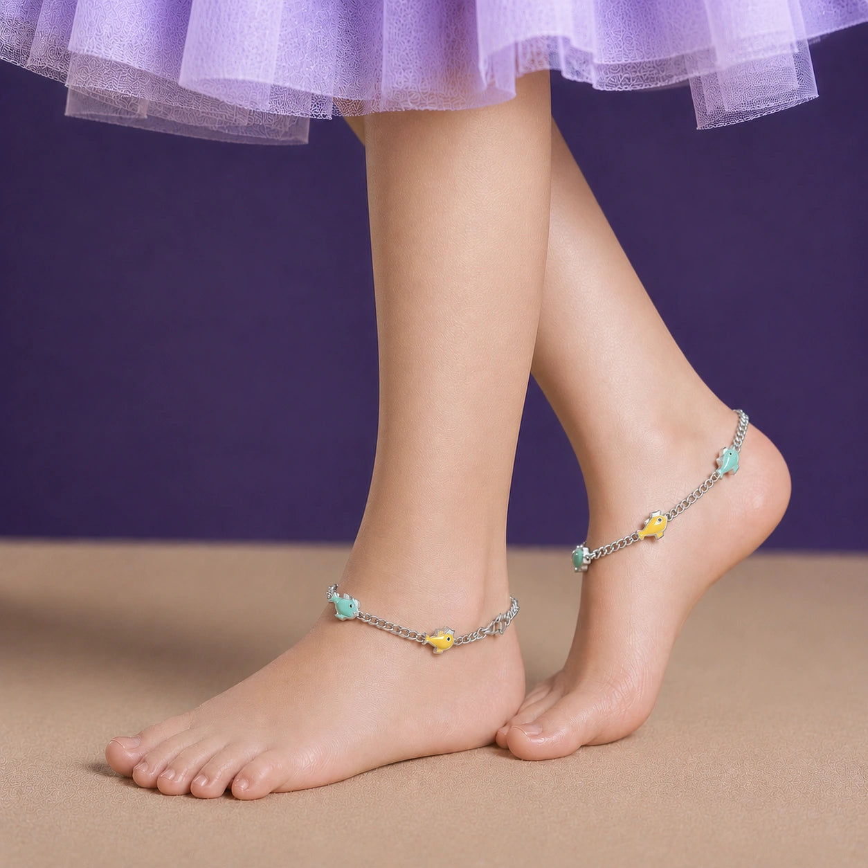 Baby Sterling silver anklet with colorful fish motif Ishna