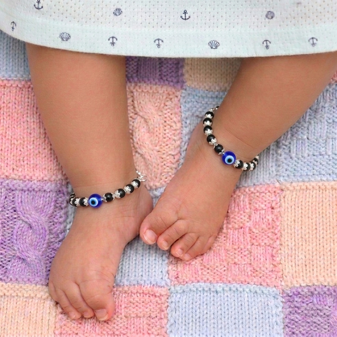Baby sterling silver anklet with black beads and evil eye motif Ishna