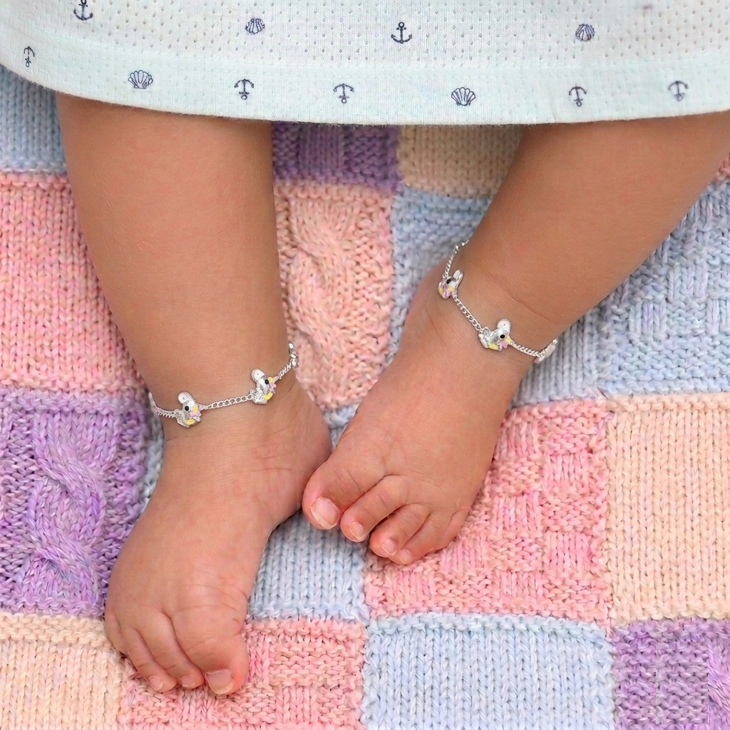 Baby sterling silver anklet with unicorn motif charms Ishna