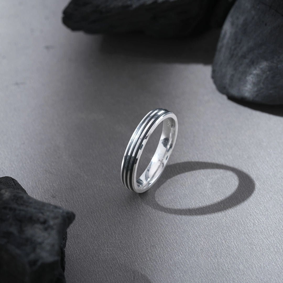 Black Striped Sleek Silver Ring Ishna