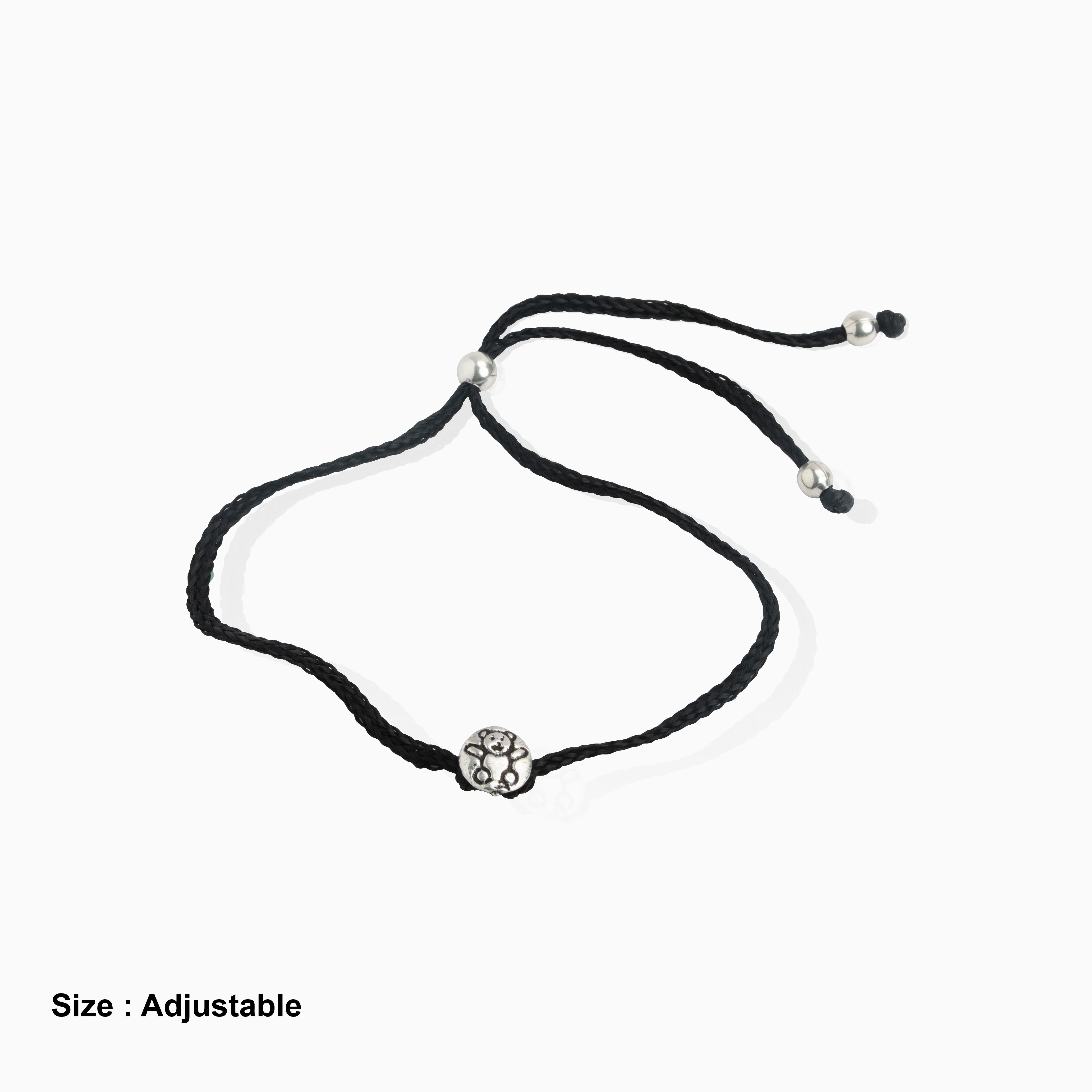 Black Thread Anklet in 925 Oxidised Sterling Silver with Teddy Bear Charm Ishna