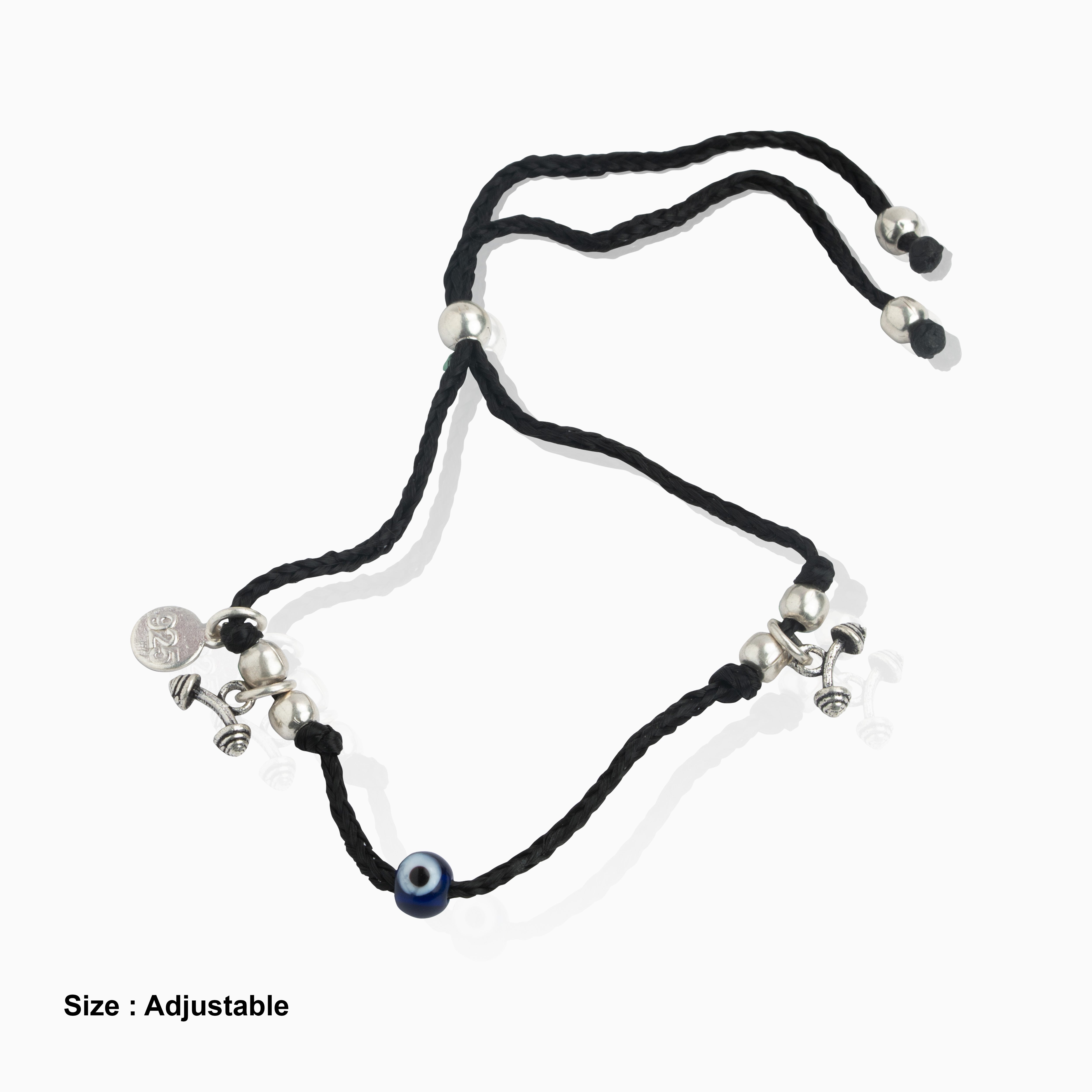 Black Thread Anklet in 925 Sterling Silver with Dumbbell Motif Ishna