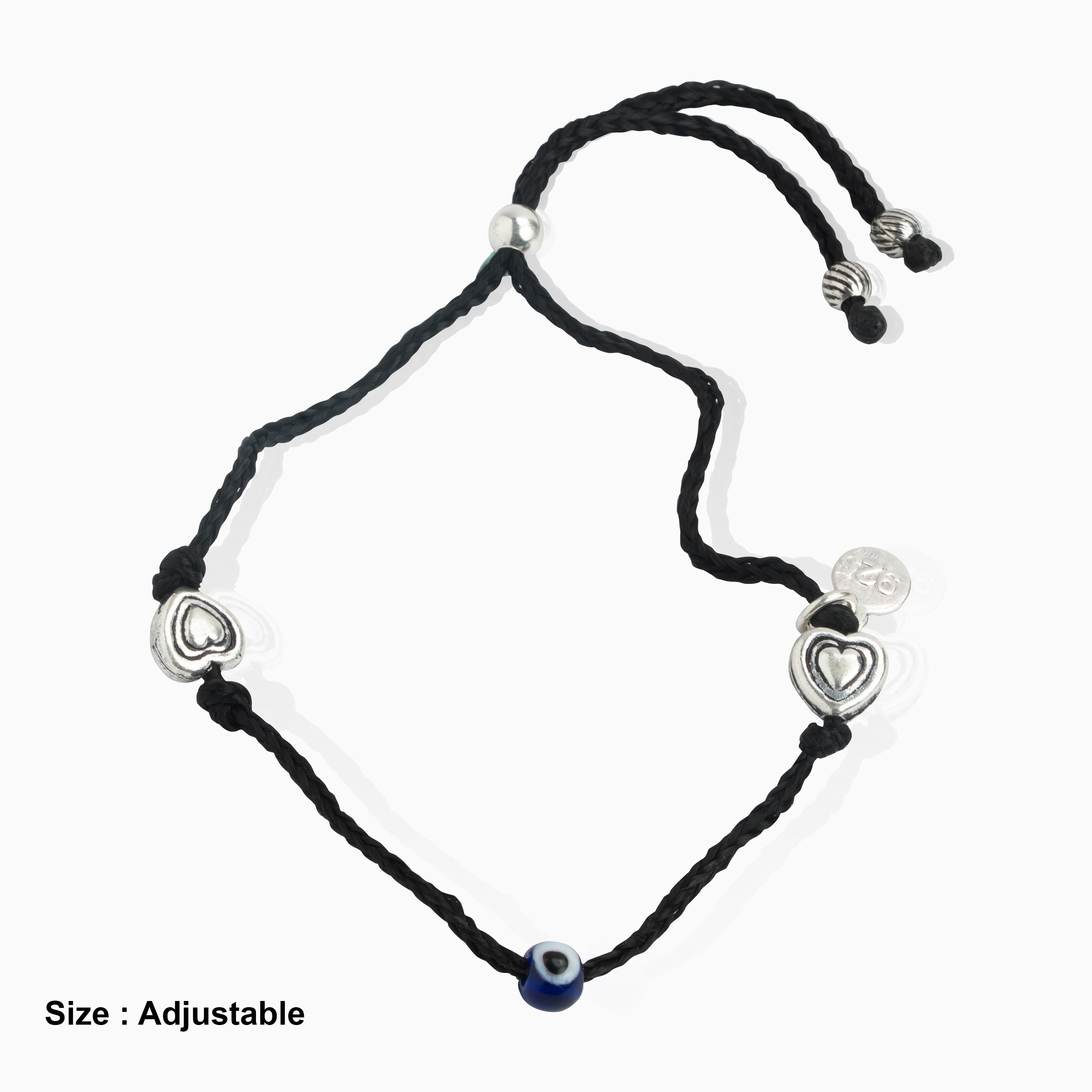 Black Thread Heart & Evil Eye Anklet in Oxidised Sterling Silver Ishna