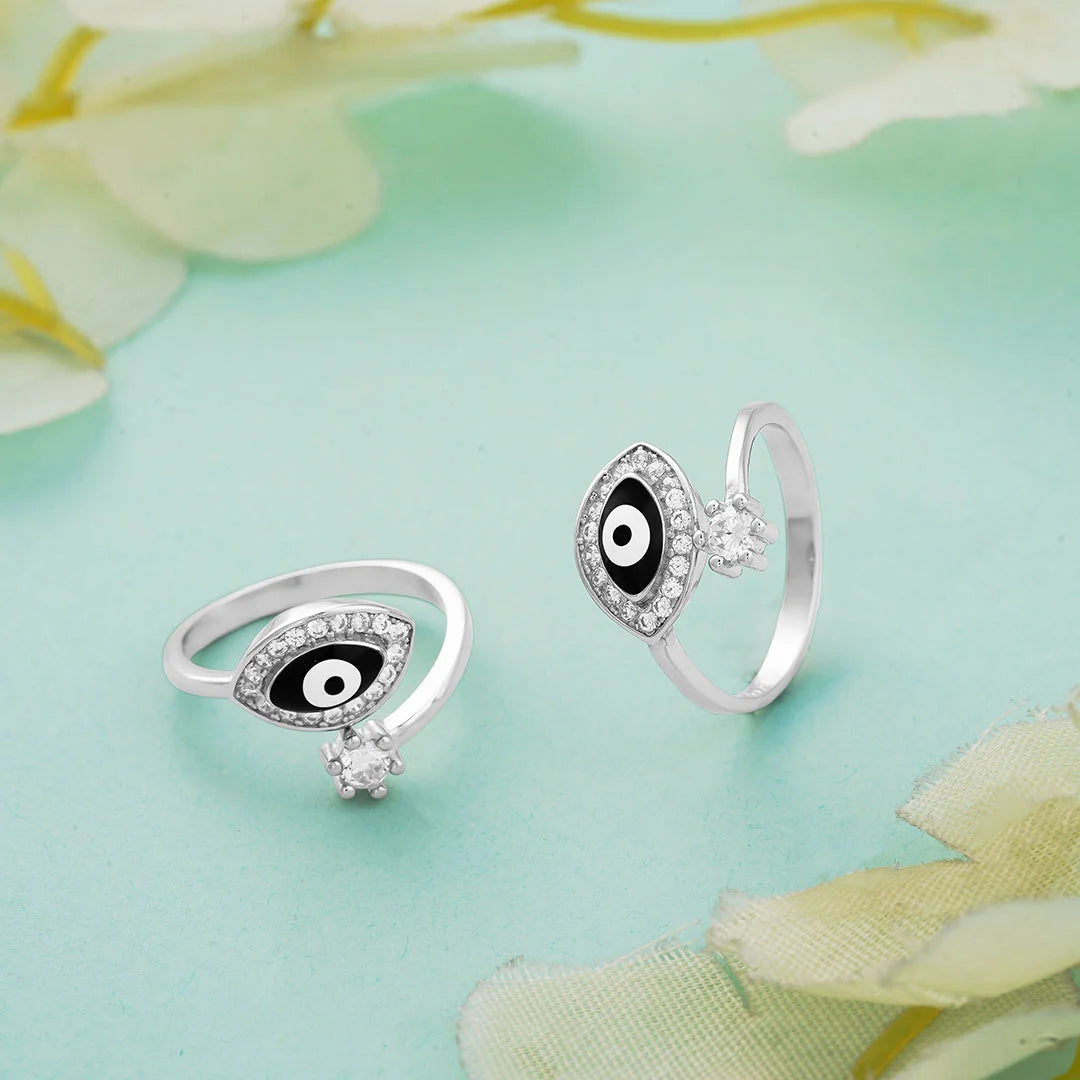 Black evil eye metti with stone border in silver