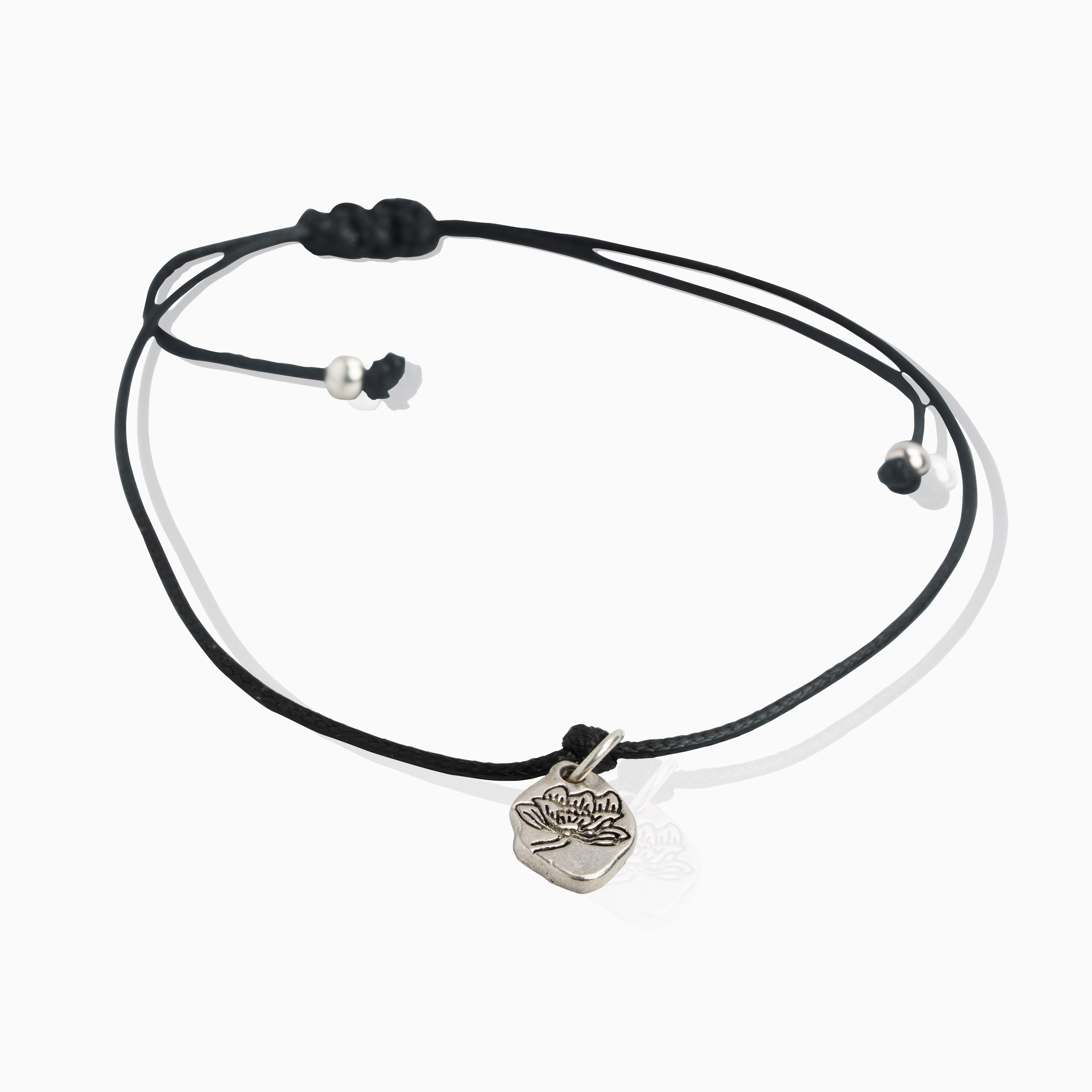 Black thread Anklet with silver lotus charm