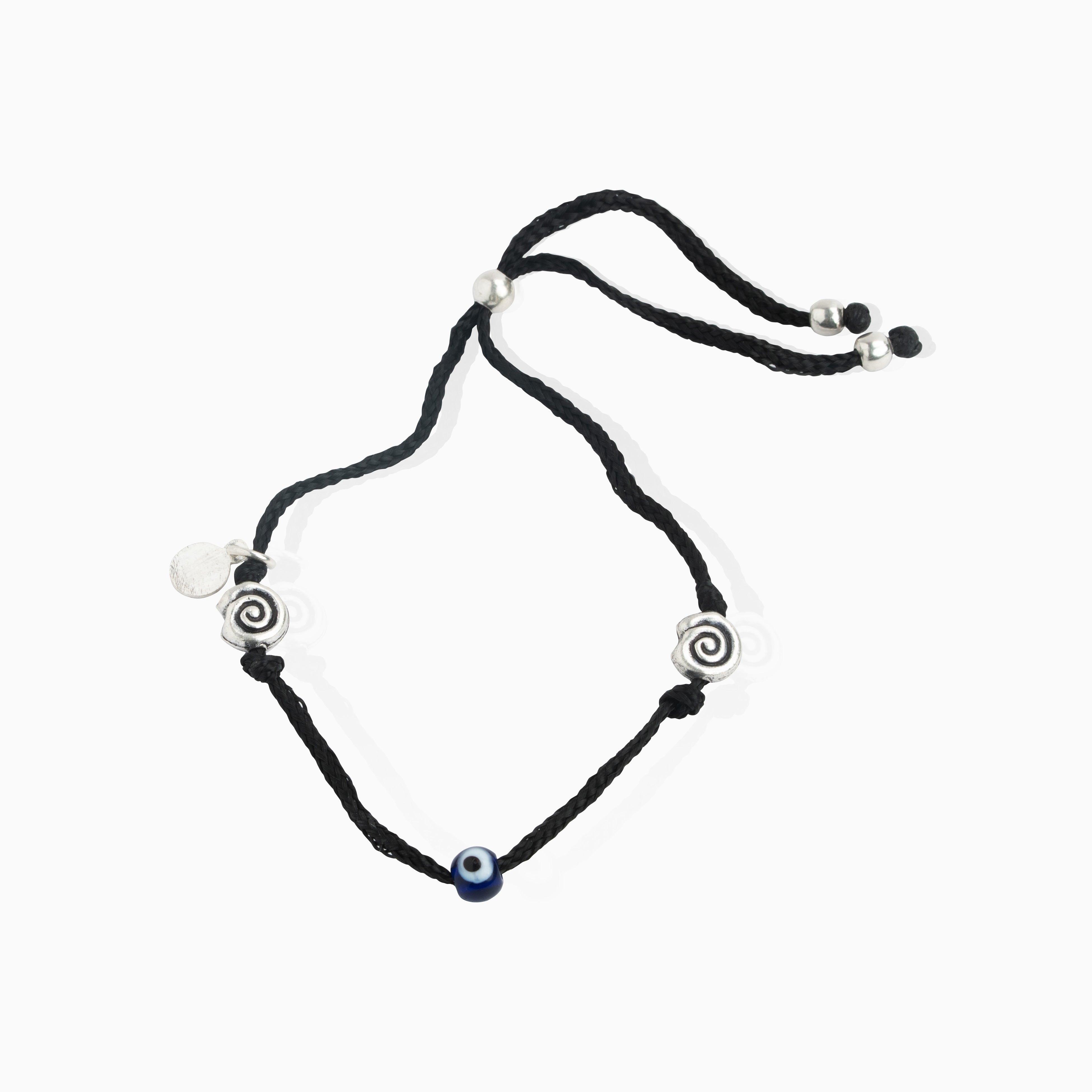 Black thread adjustable Anklet with silver spiral charms 