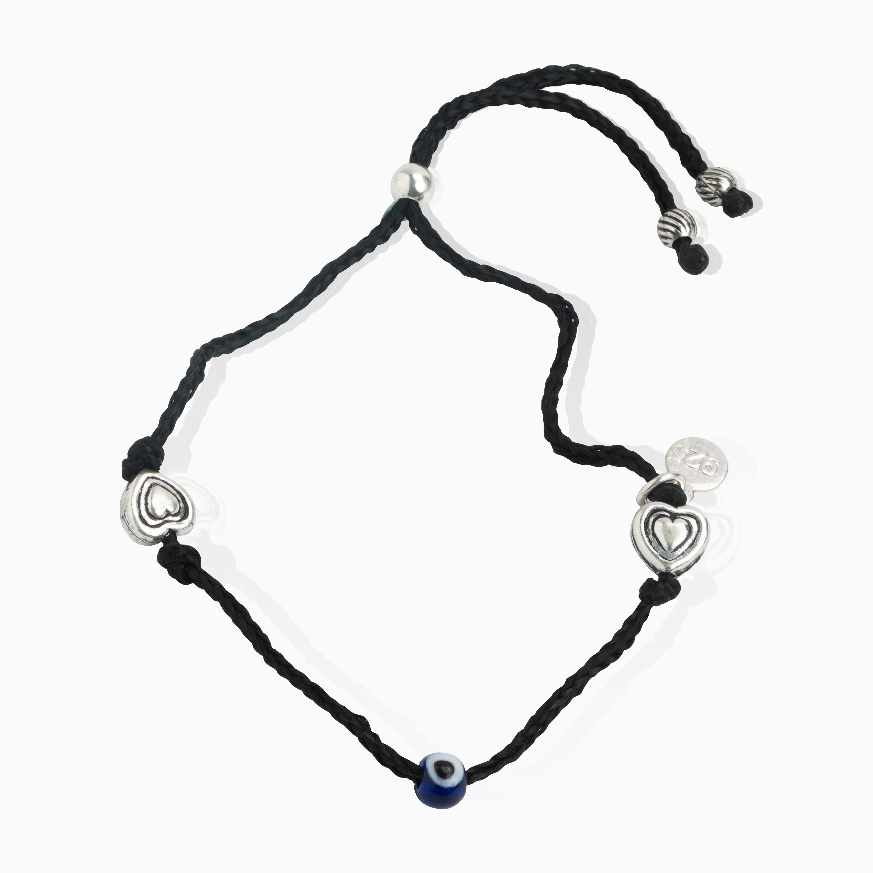 Black thread adjustable anklet with silver heart charms and blue evil eye bead