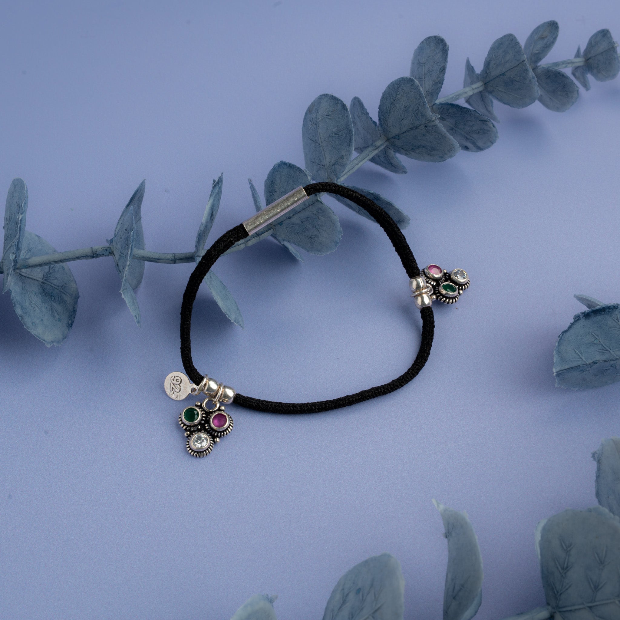 Black thread anklet with oxidised silver multicolour stone charms