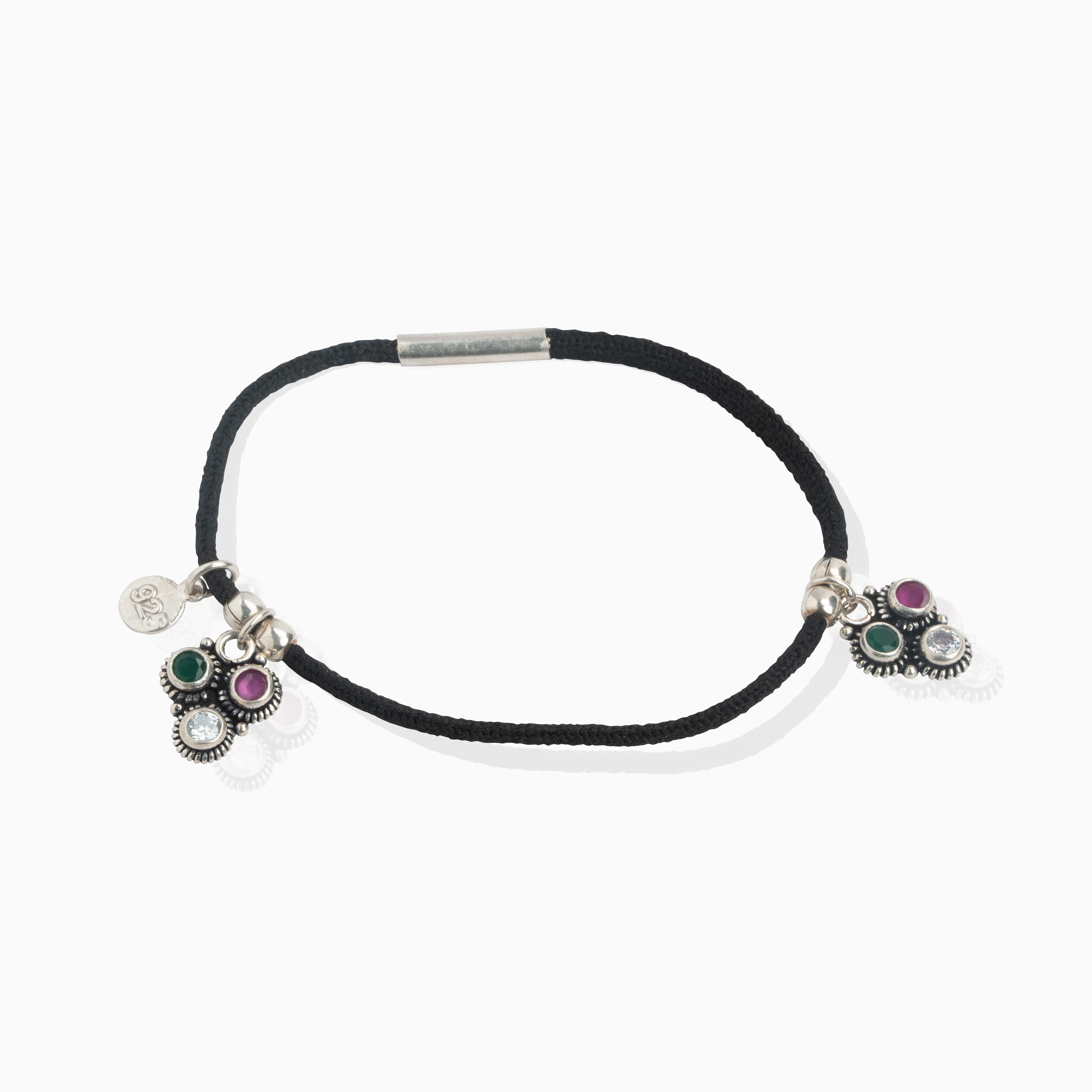 Black thread anklet with silver charms