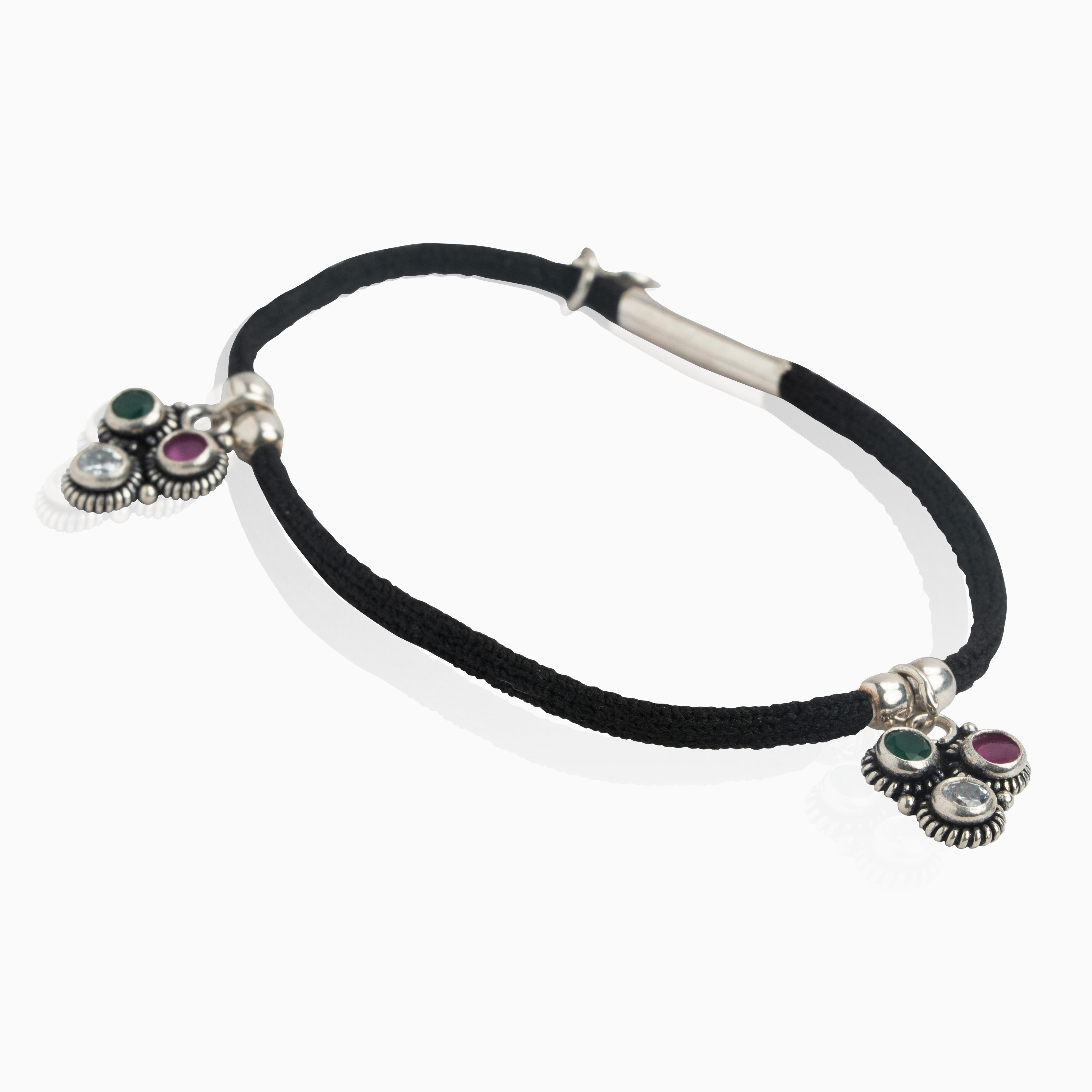 Black thread anklet with silver multicolour stone charms