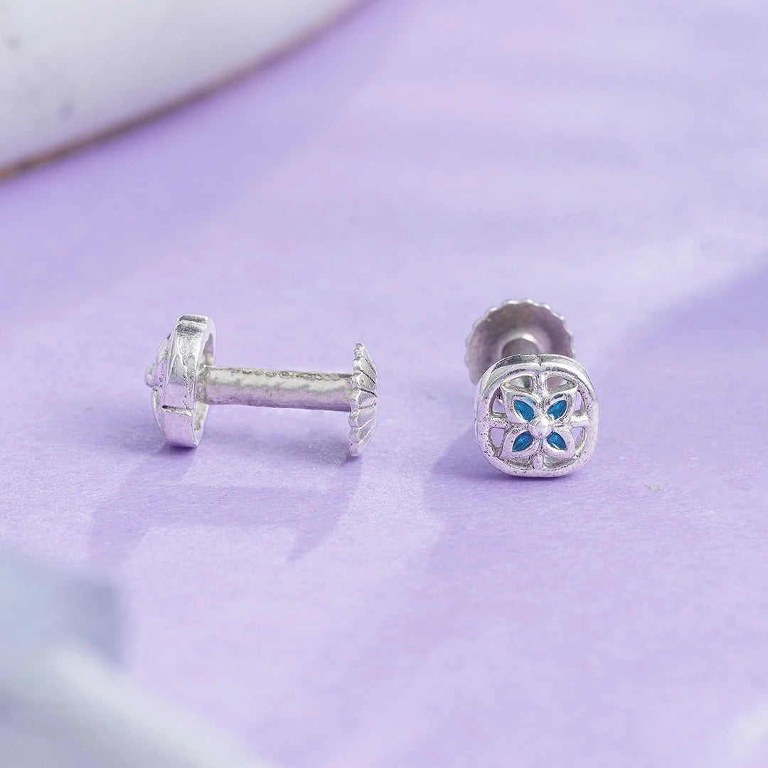 Blue CZ Flower Motif Stud Earrings in Sterling Silver  Ishna