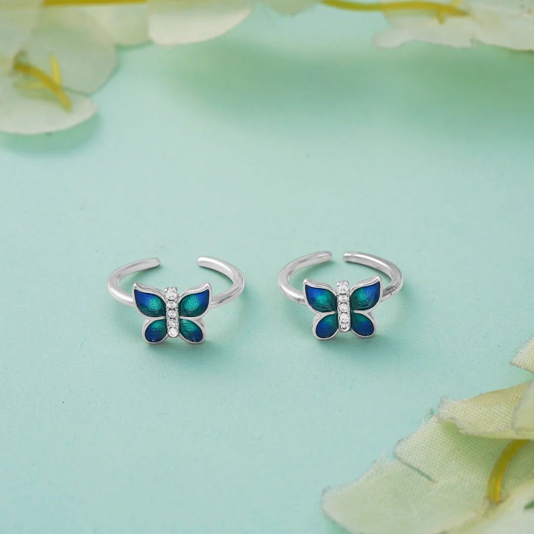 Blue butterfly enamel Silver toe ring