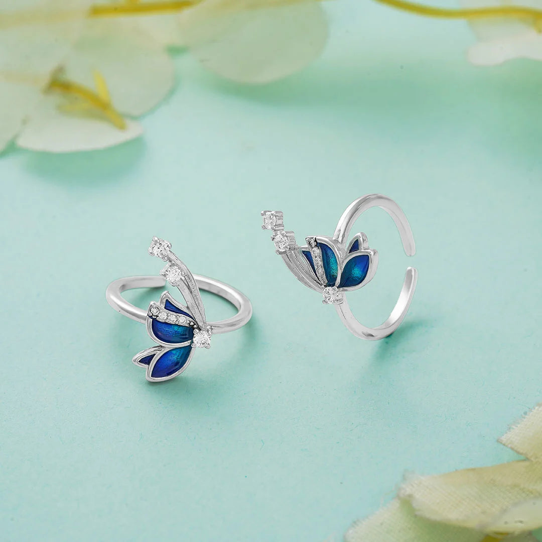 Blue butterfly toe ring pair with stones for women