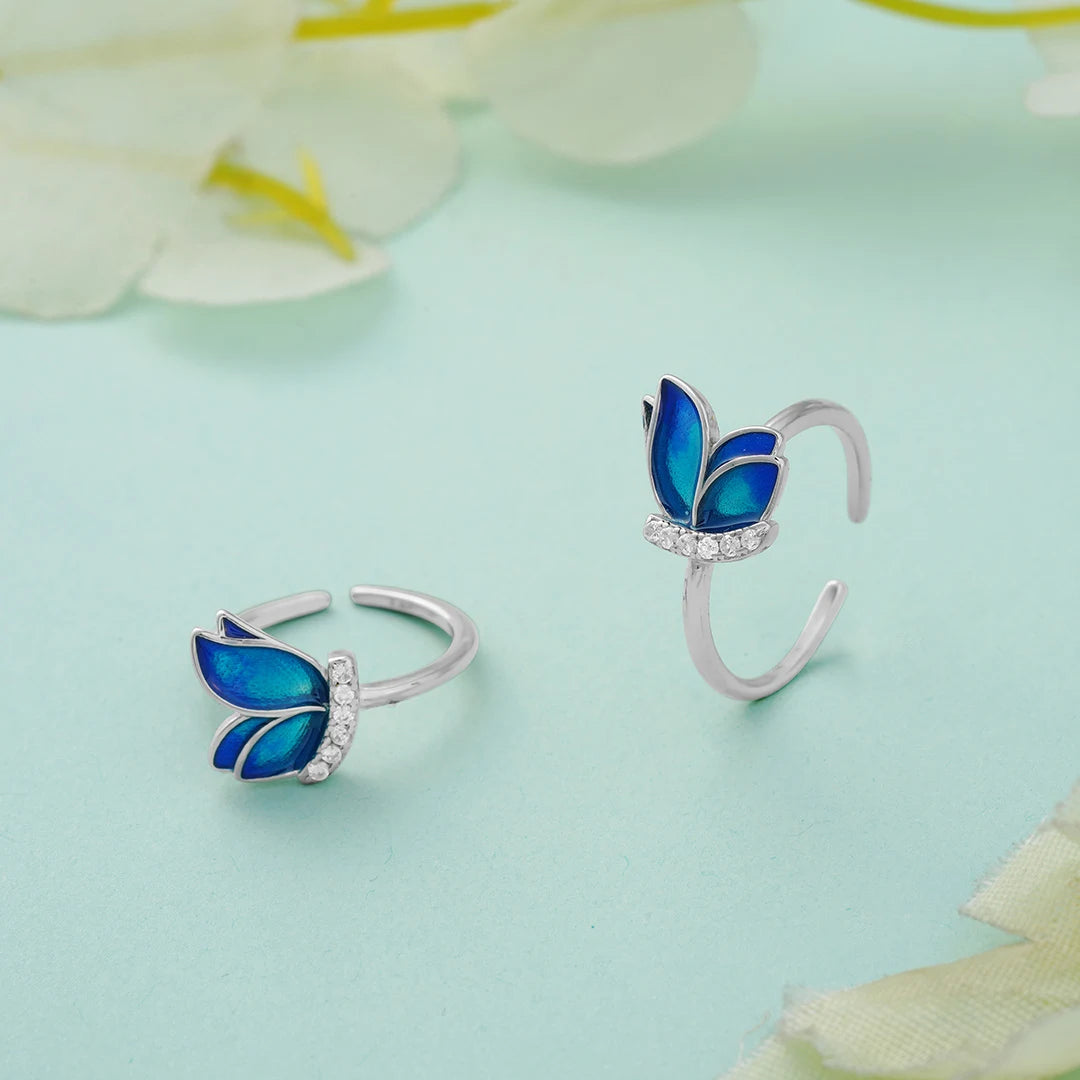 Blue enamel butterfly silver toe ring