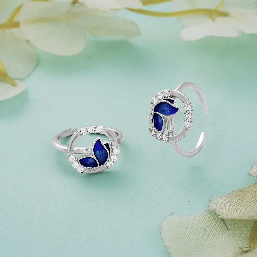 Blue enamel floral toe ring design for women 