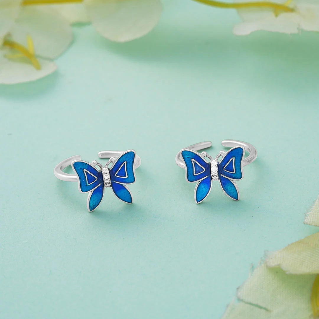 Blue enamel silver toe ring pair with stones