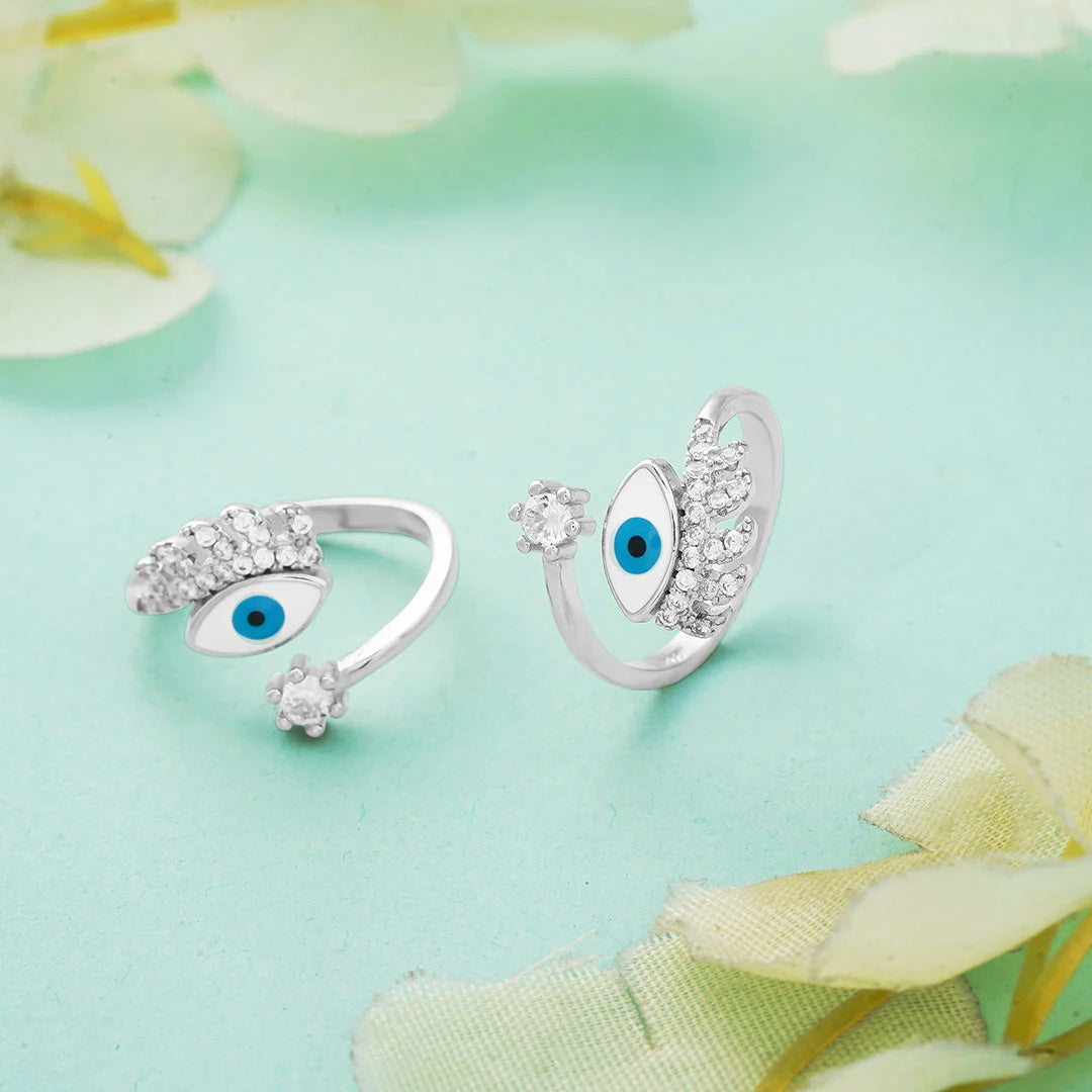 Blue evil eye stone toe ring pair in silver