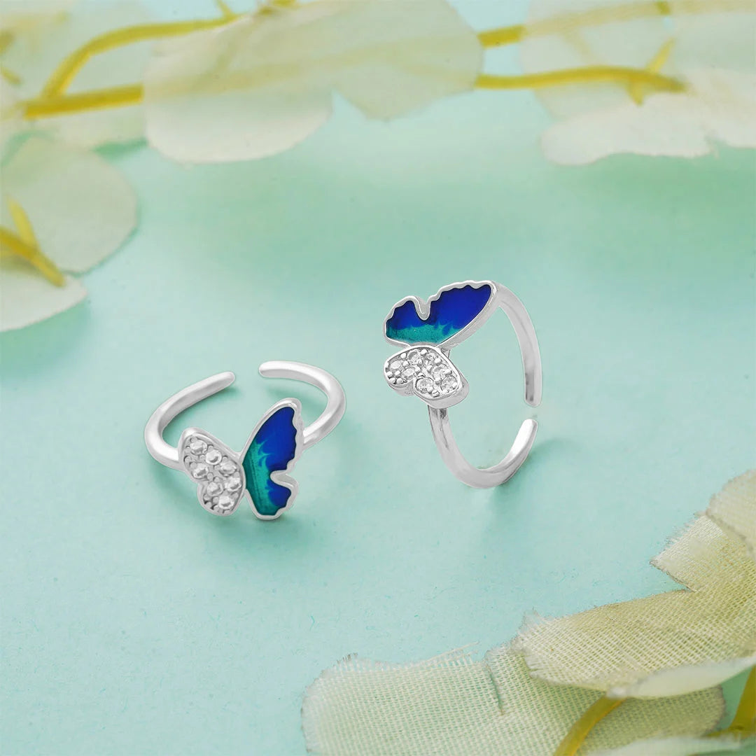 Blue green enamel butterfly toe ring in silver 
