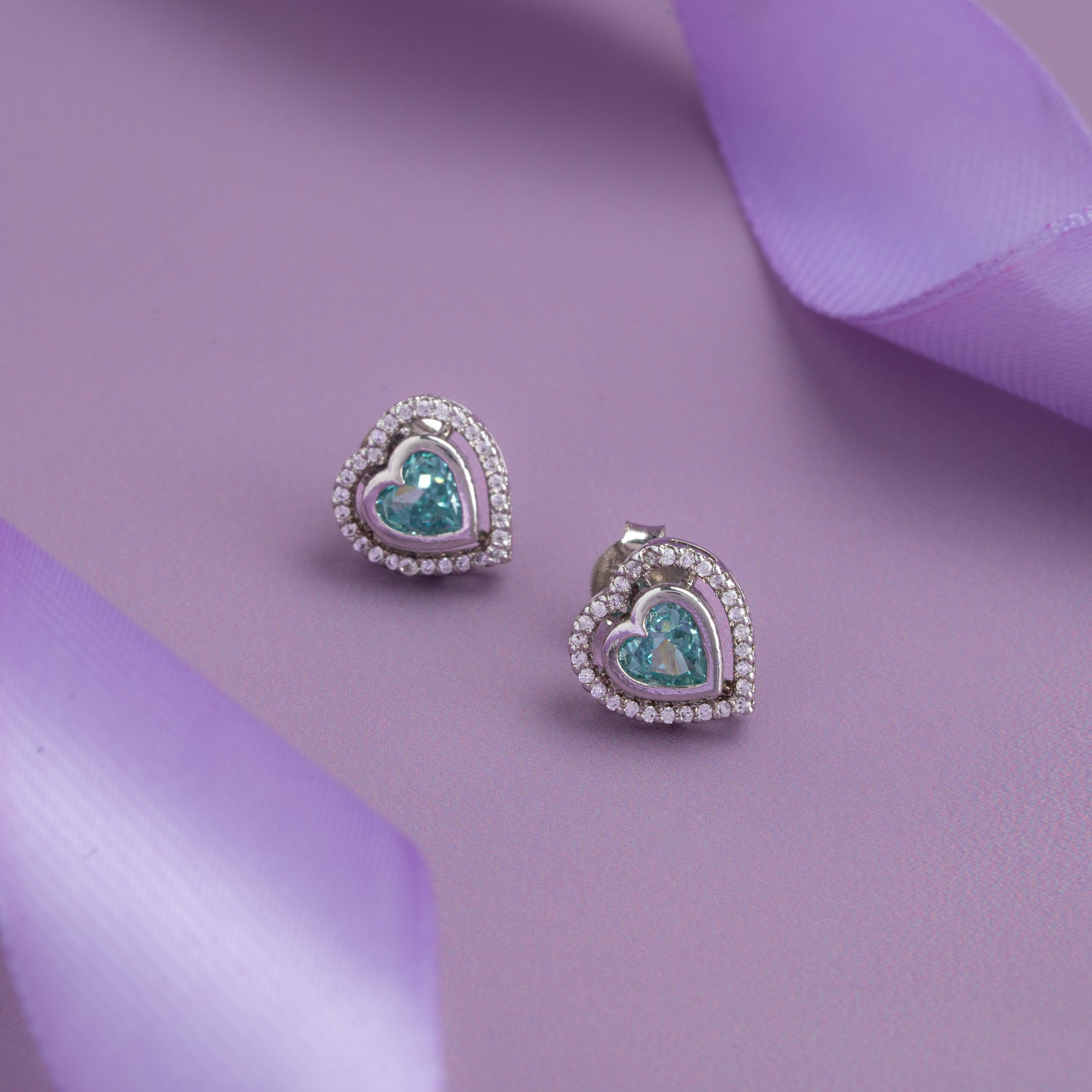 Blue heart stone silver stud earrings