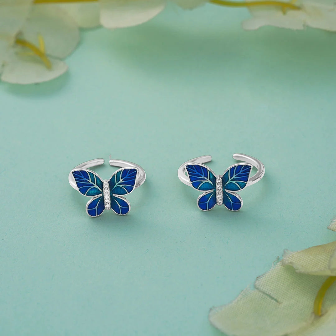 Blue silver  enamel butterfly  toe ring