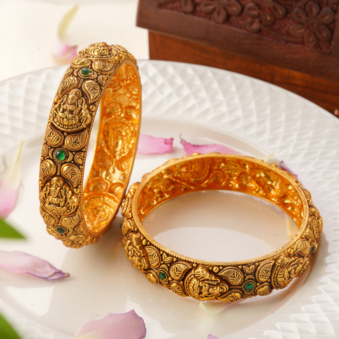Bridal Antique Gold Bangles with Emerald Stone Work