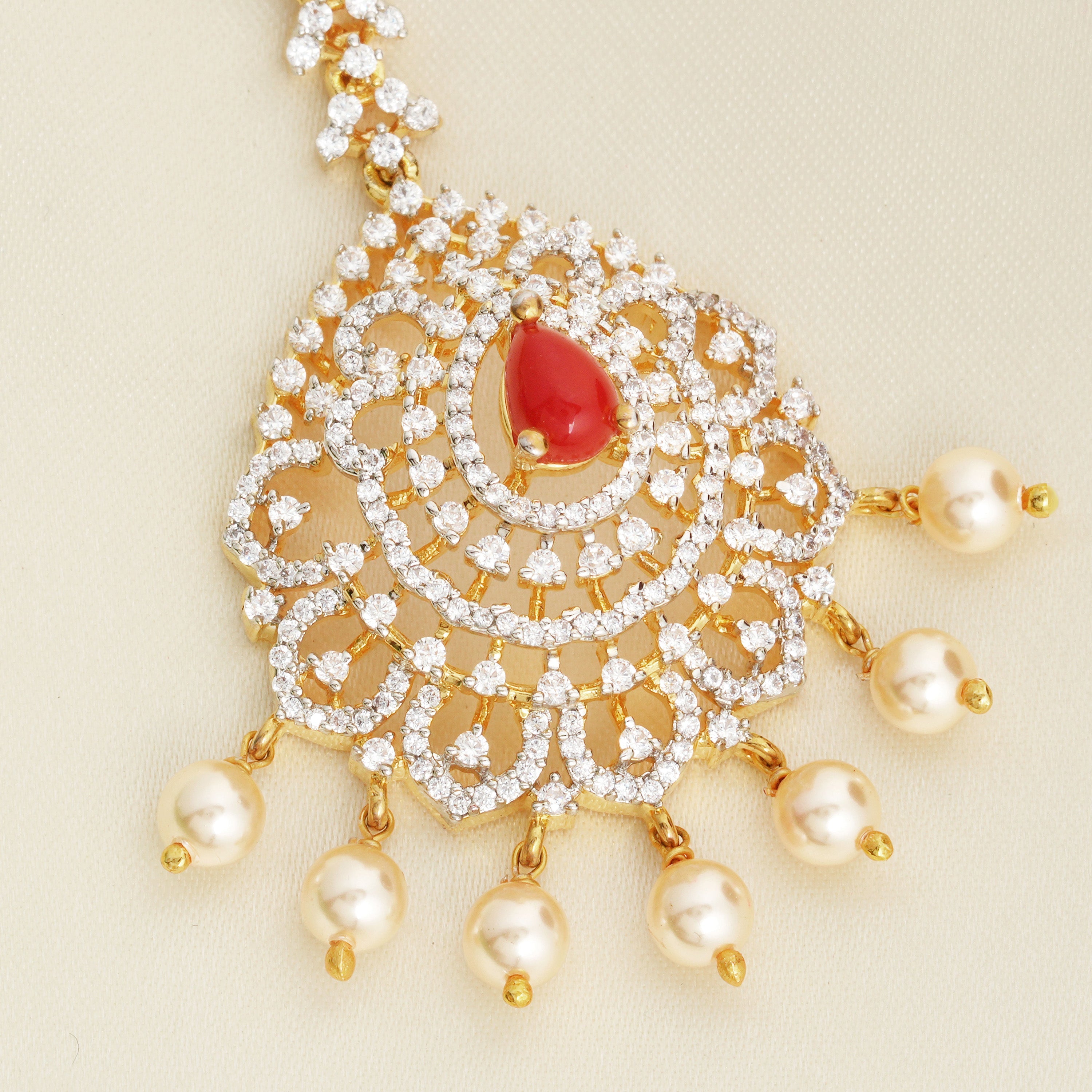Bridal CZ Headpiece with Red Gem and Pearl Drops Ishna